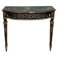 Vintage Regency Patinated Greek Key Wall Mount Demilune Console Table