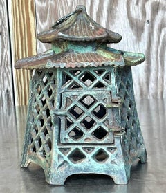 Vintage Regency Patinated Metal Pagoda Wrought Iron Lantern