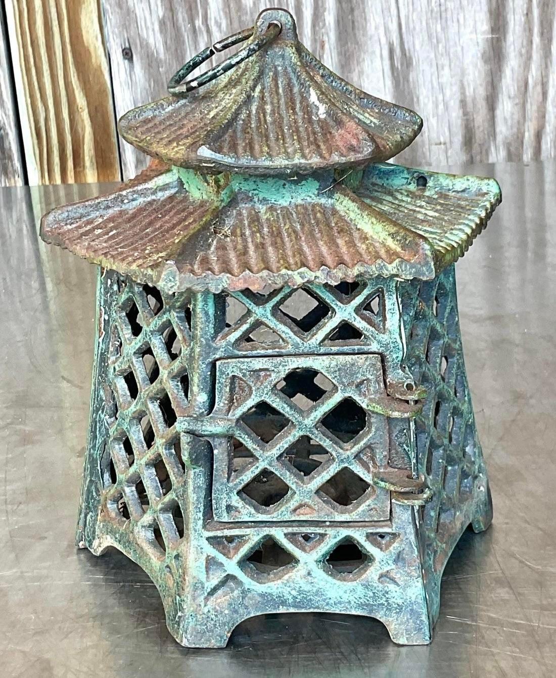 North American Vintage Regency Patinated Metal Pagoda Wrought Iron Lantern For Sale