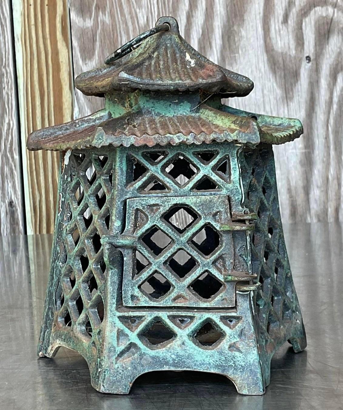 Vintage Regency Patinated Metal Pagoda Wrought Iron Lantern In Good Condition For Sale In west palm beach, FL