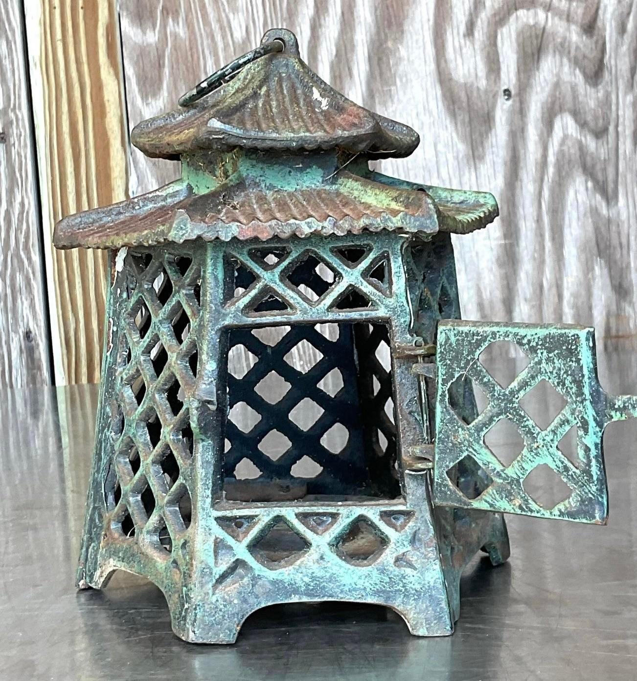 19th Century Vintage Regency Patinated Metal Pagoda Wrought Iron Lantern For Sale