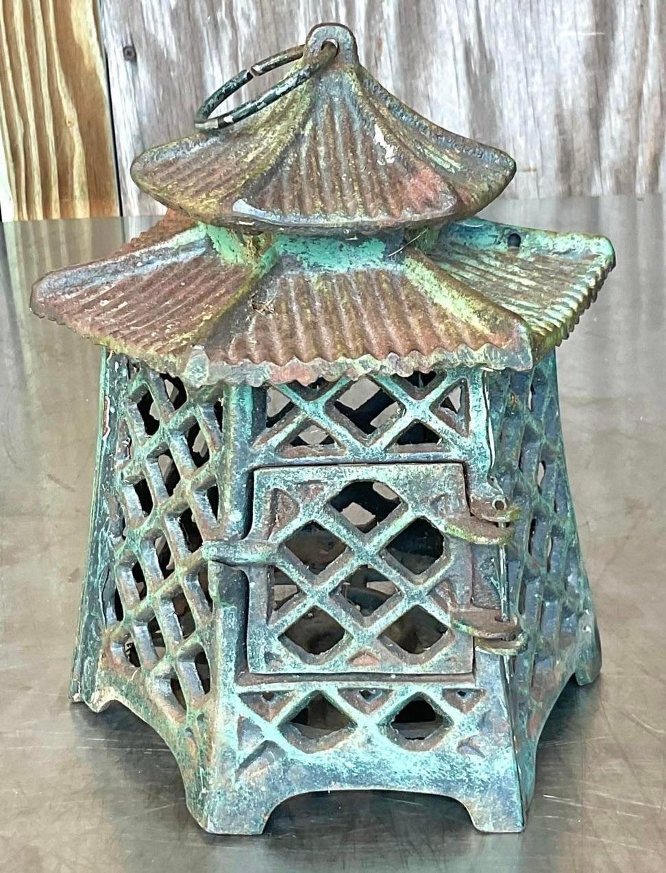 Vintage Regency Patinated Metal Pagoda Wrought Iron Lantern For Sale 1