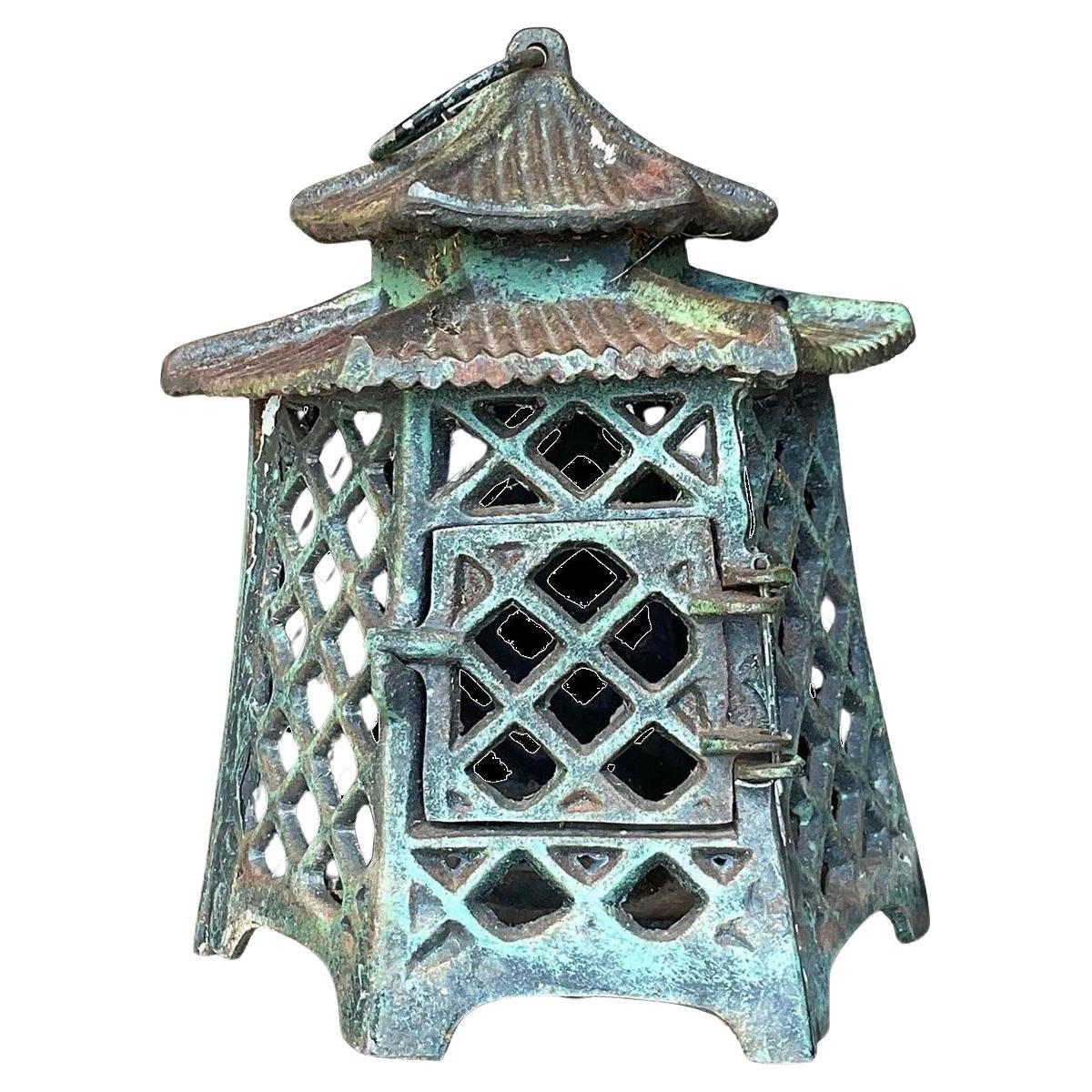 Vintage Regency Patinated Metal Pagoda Wrought Iron Lantern For Sale