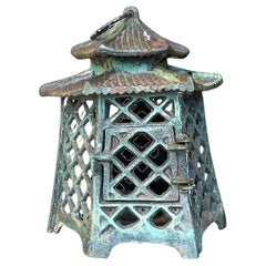 Vintage Regency Patinated Metal Pagoda Wrought Iron Lantern