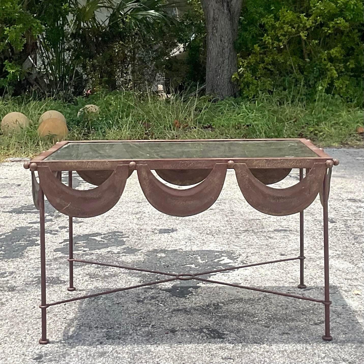 20th Century Vintage Regency Patinated Metal Swag Coffee Table For Sale