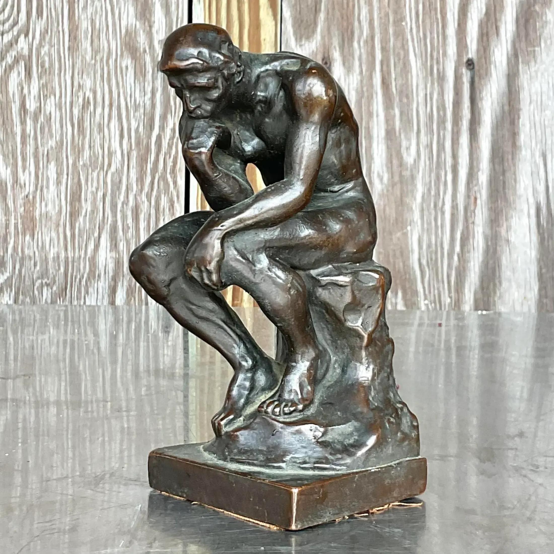 Italian Vintage Regency Patinated Plaster Agusta Rodin “The Thinker” Bookends - a Pair For Sale