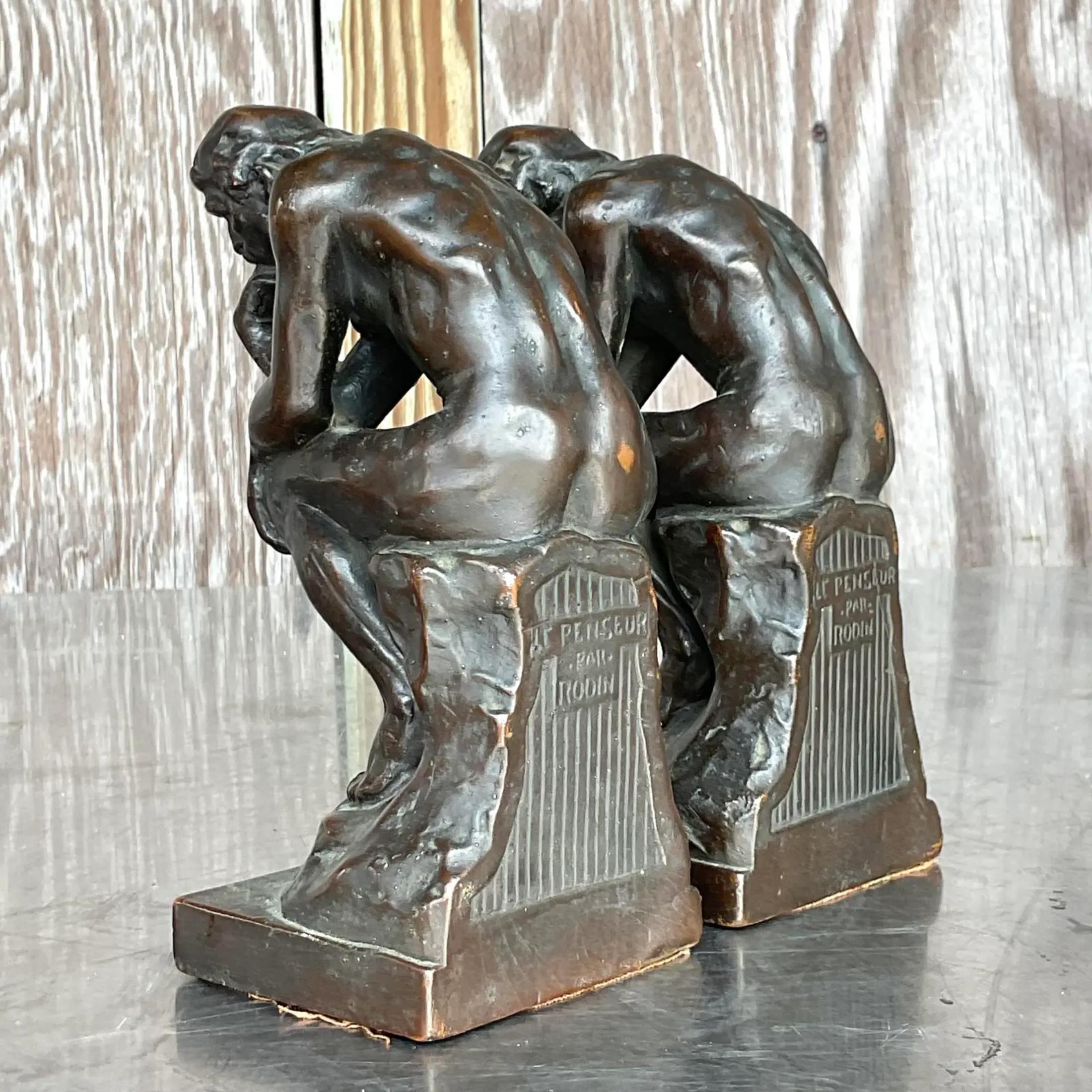 Vintage Regency Patinated Plaster Agusta Rodin “The Thinker” Bookends - a Pair In Good Condition For Sale In west palm beach, FL