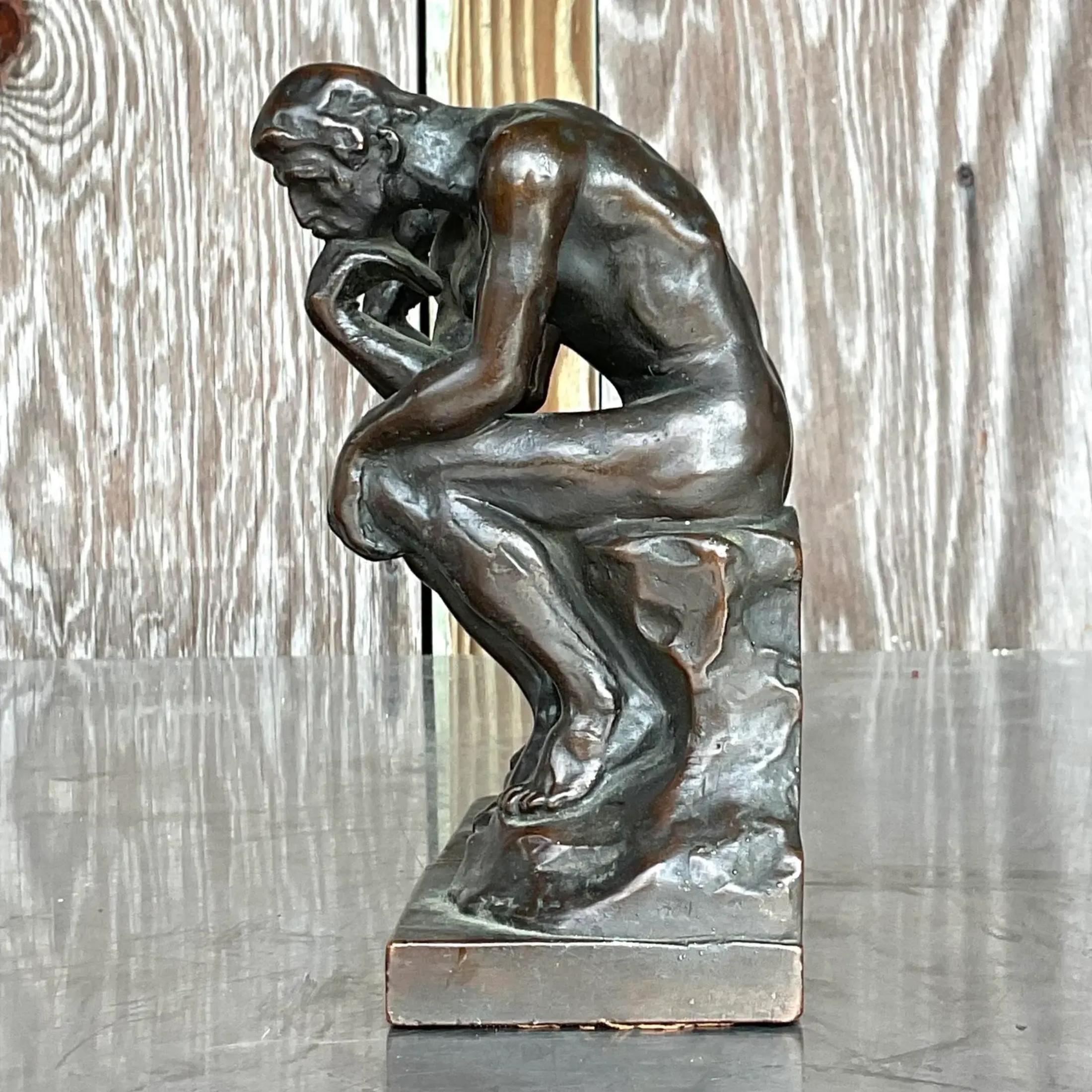 20th Century Vintage Regency Patinated Plaster Agusta Rodin “The Thinker” Bookends - a Pair For Sale