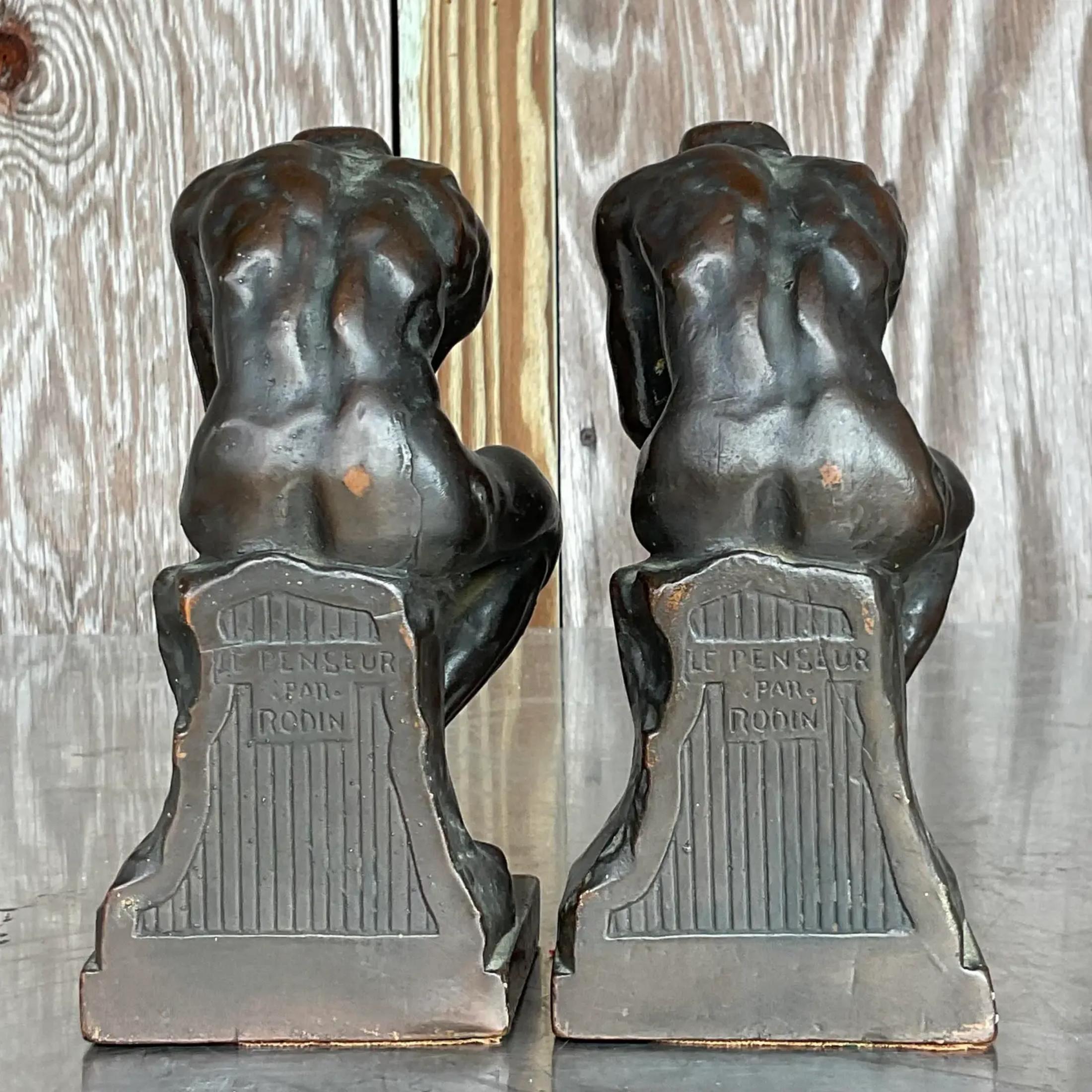 Vintage Regency Patinated Plaster Agusta Rodin “The Thinker” Bookends - a Pair For Sale 1