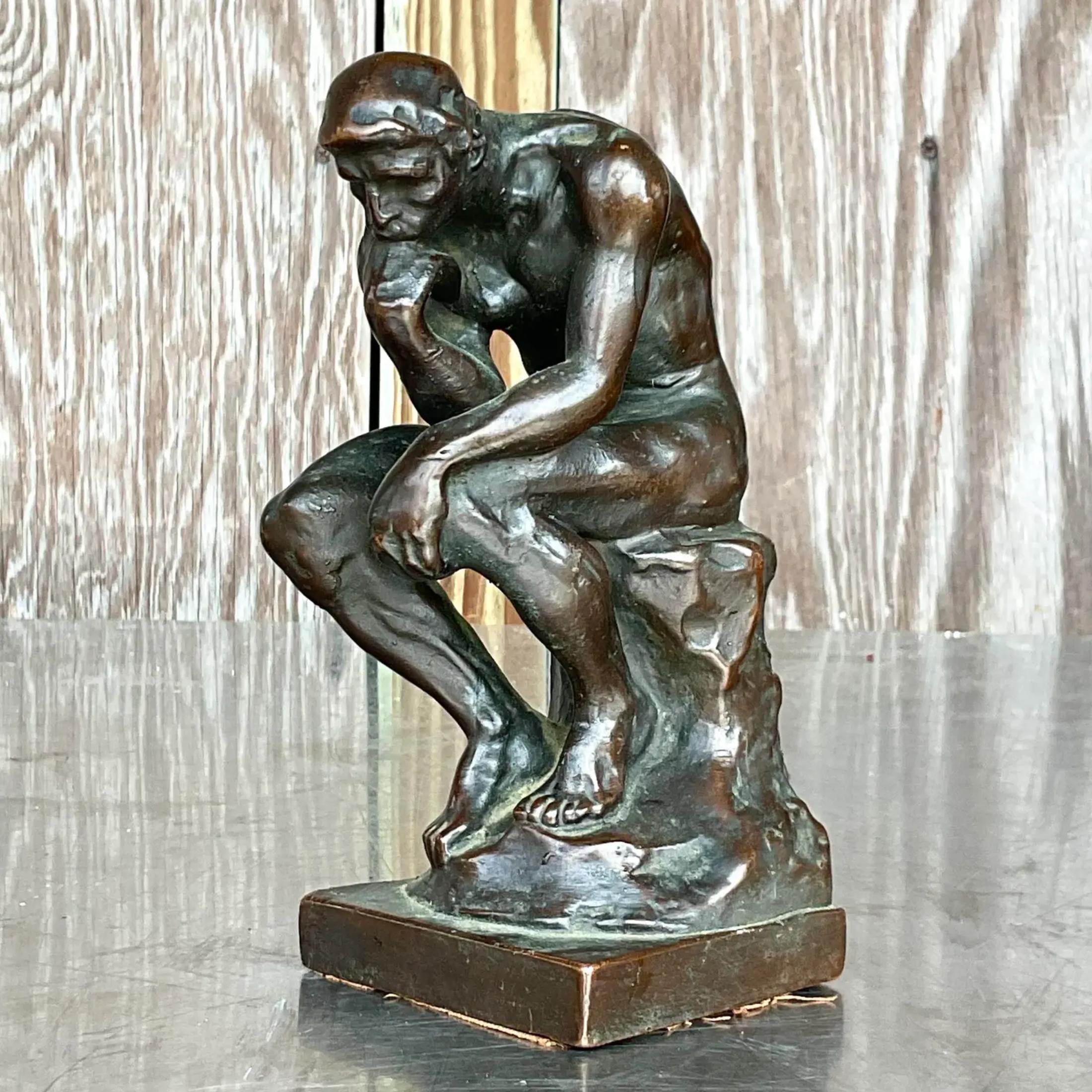 Plâtre Paire de serre-livres The Thinker Agusta Rodin de style Régence vintage en plâtre patiné en vente