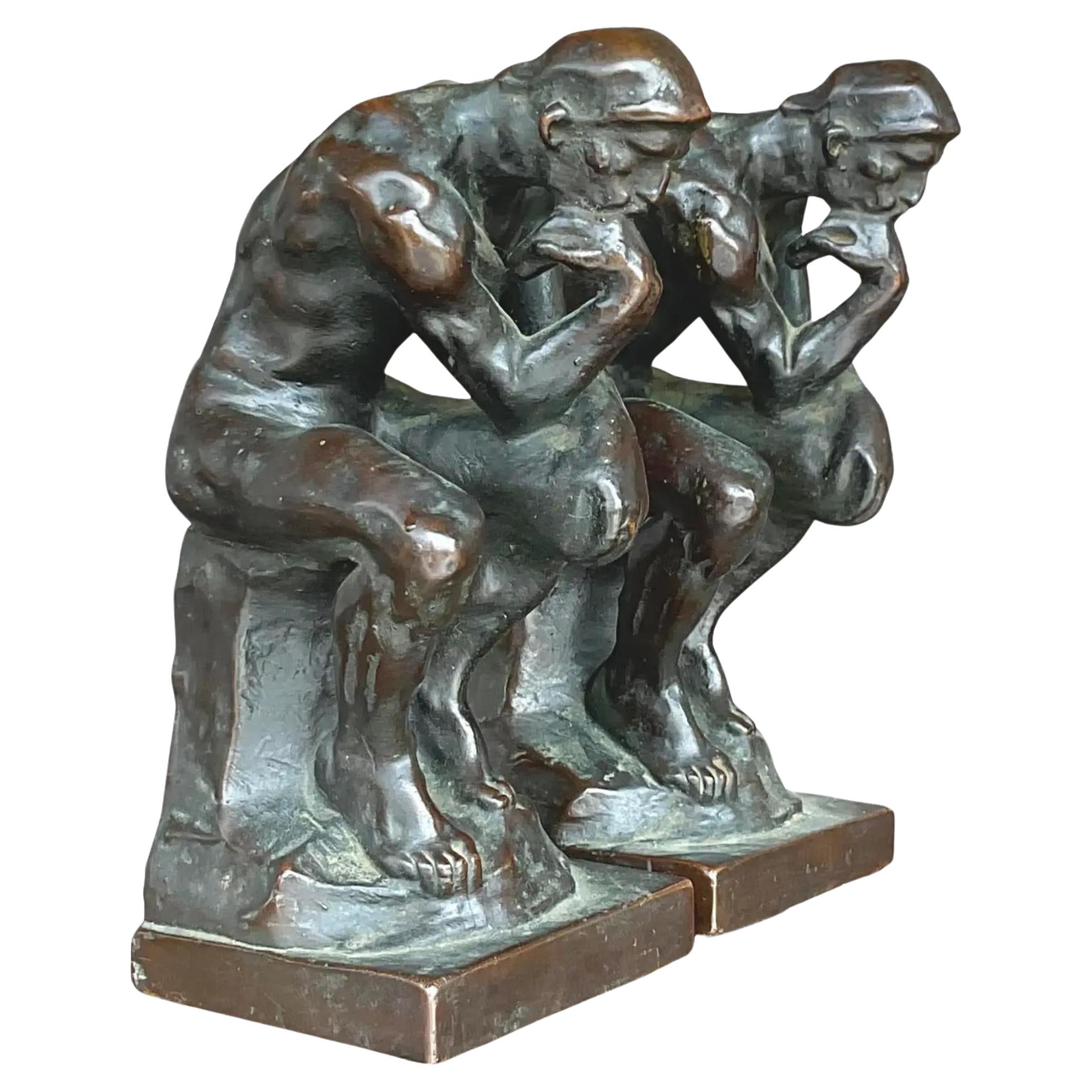 Vintage Regency Patinated Plaster Agusta Rodin “The Thinker” Bookends - a Pair