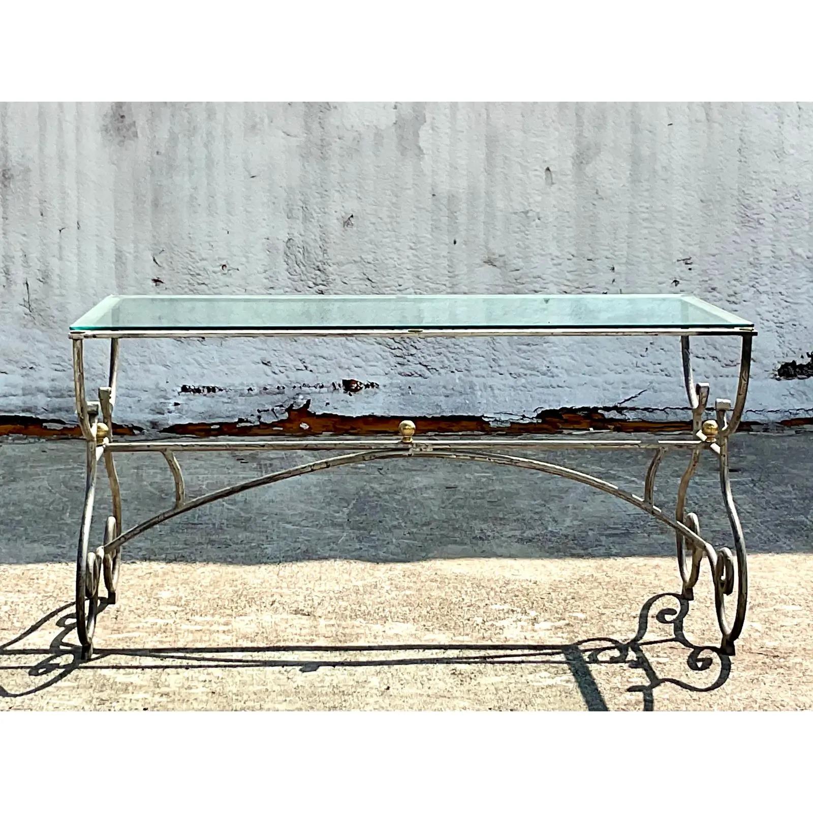 Vintage Regency Patinated Scroll Console Table In Good Condition For Sale In west palm beach, FL