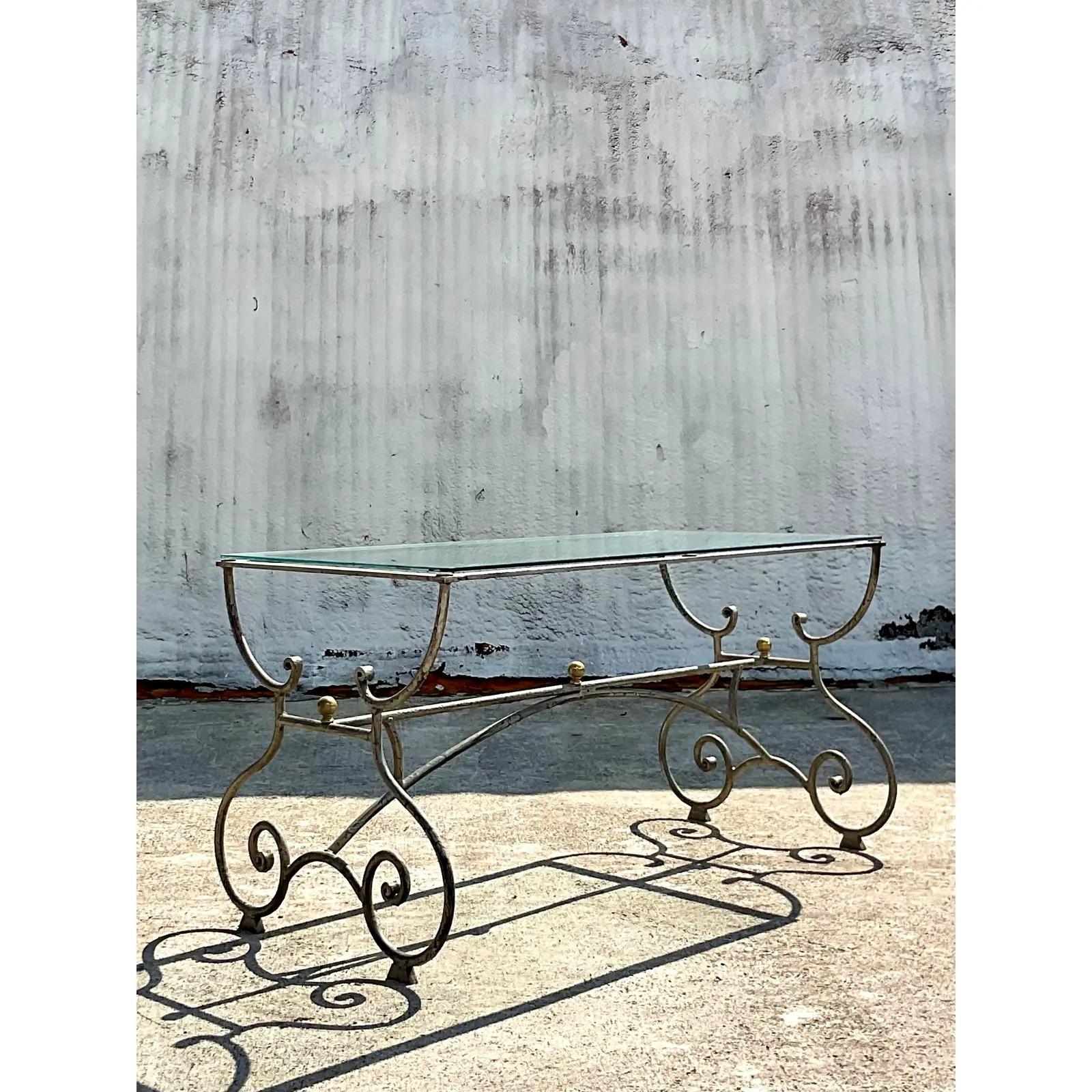 20th Century Vintage Regency Patinated Scroll Console Table For Sale