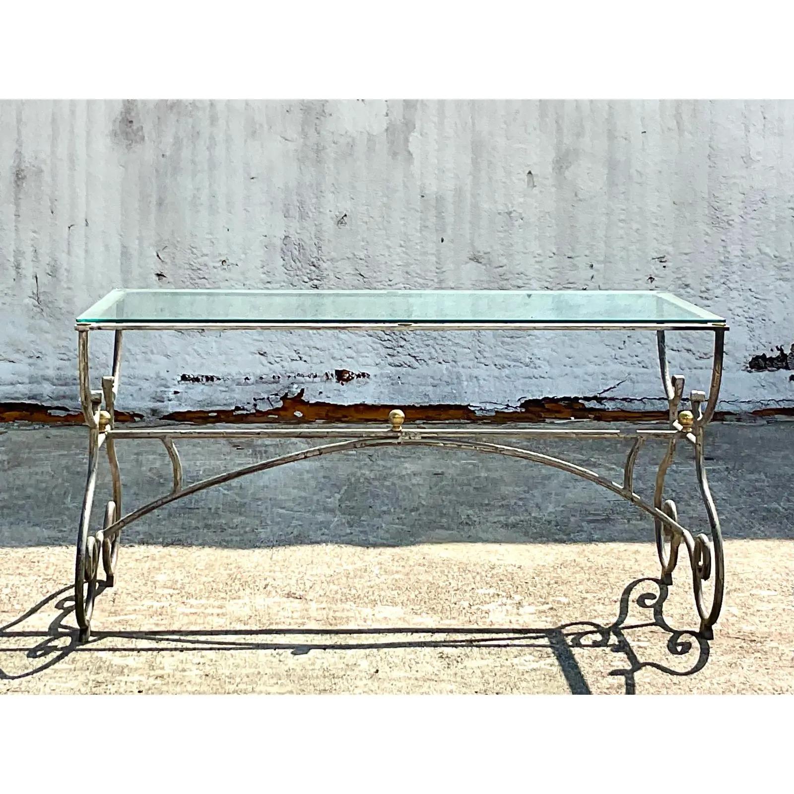 Vintage Regency Patinated Scroll Console Table For Sale 1
