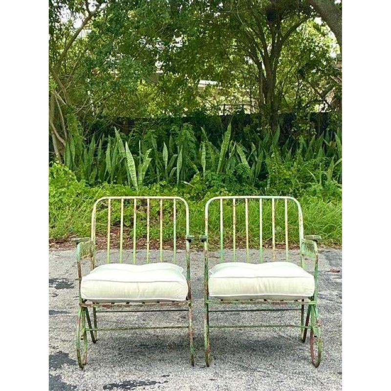 Tessuto Vintage Regency Patinated Wrought Iron Trellis Lounge Chairs - A Pair in vendita