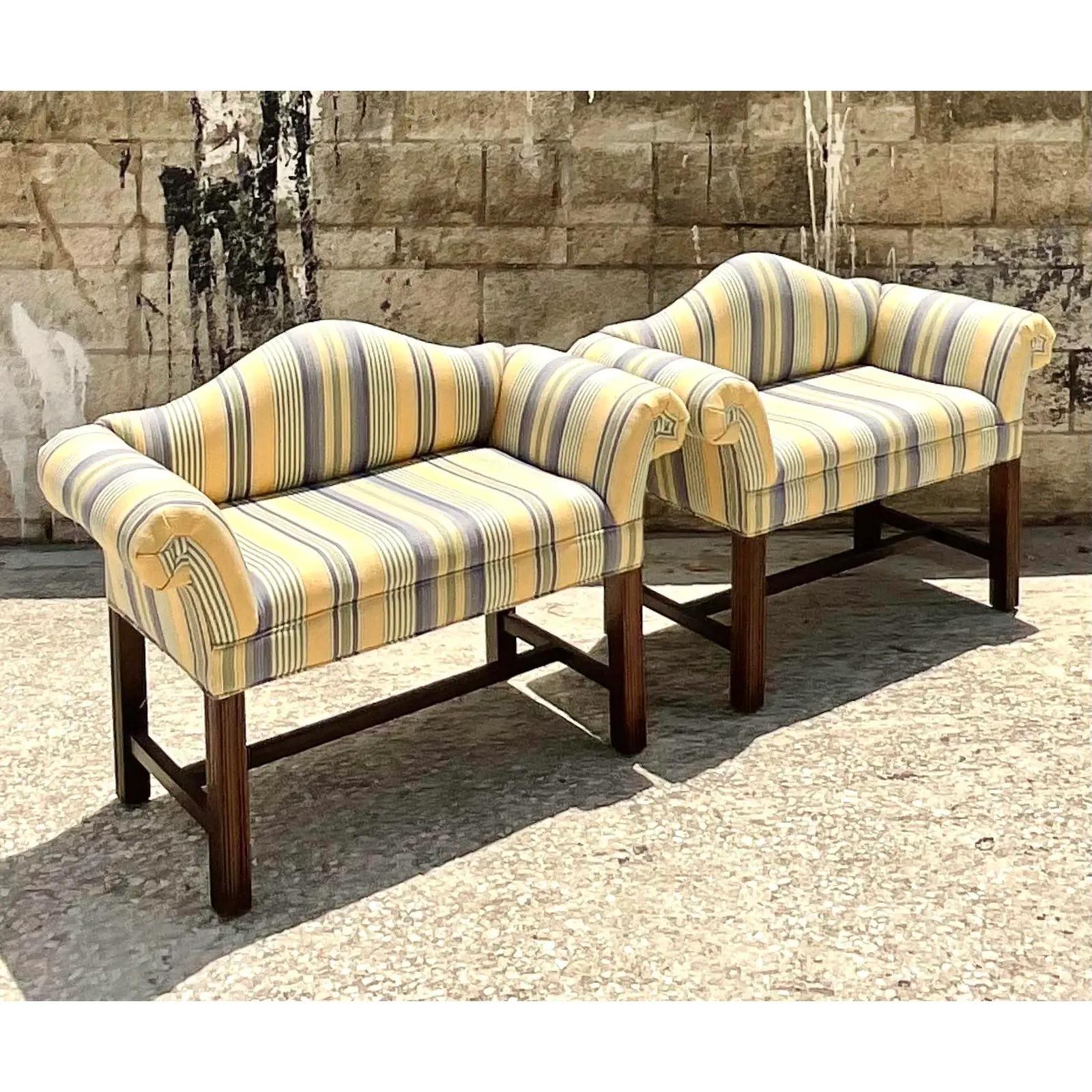 Vintage Regency Petite Camelback Sofas, a Pair In Good Condition In west palm beach, FL