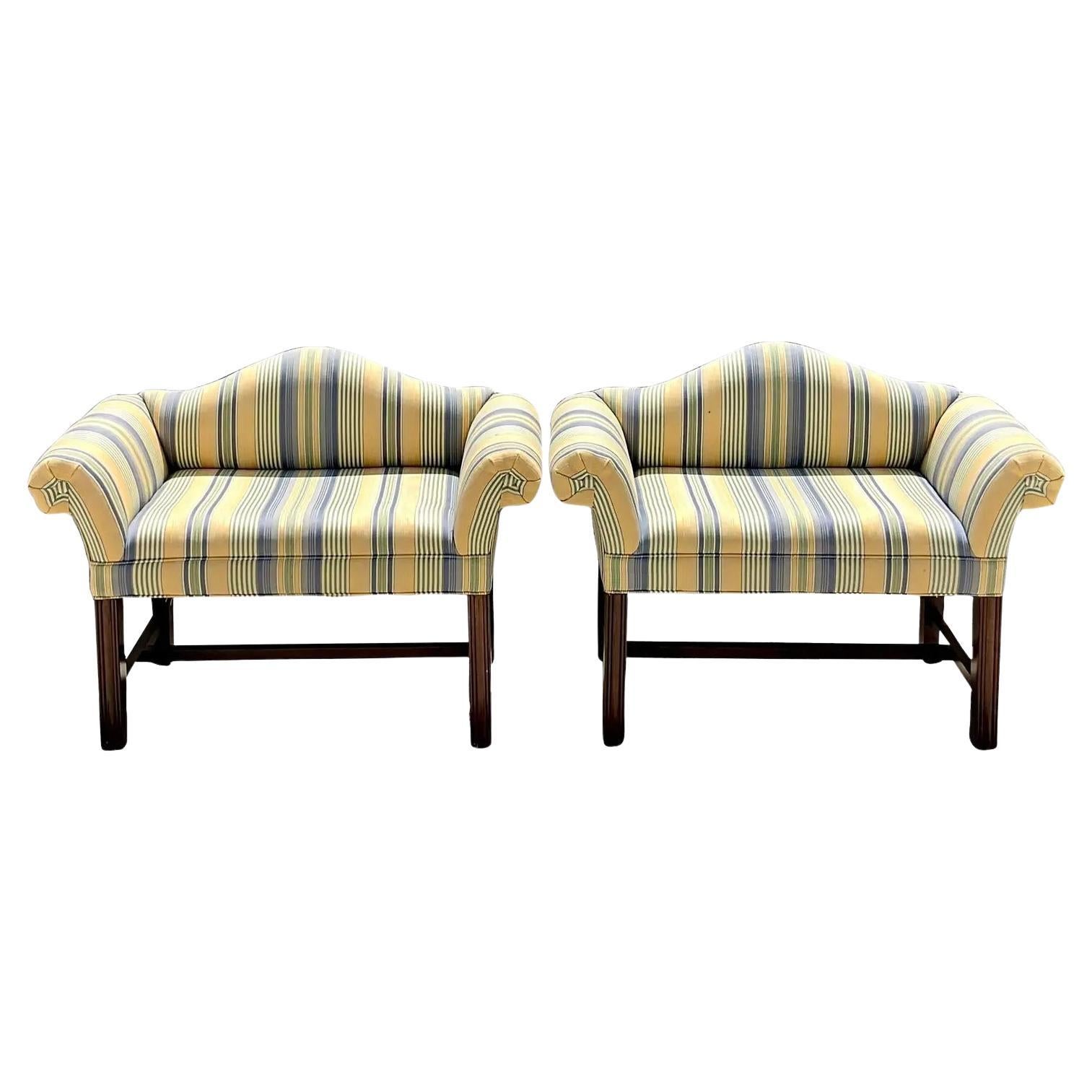 Vintage Regency Petite Camelback Sofas, a Pair