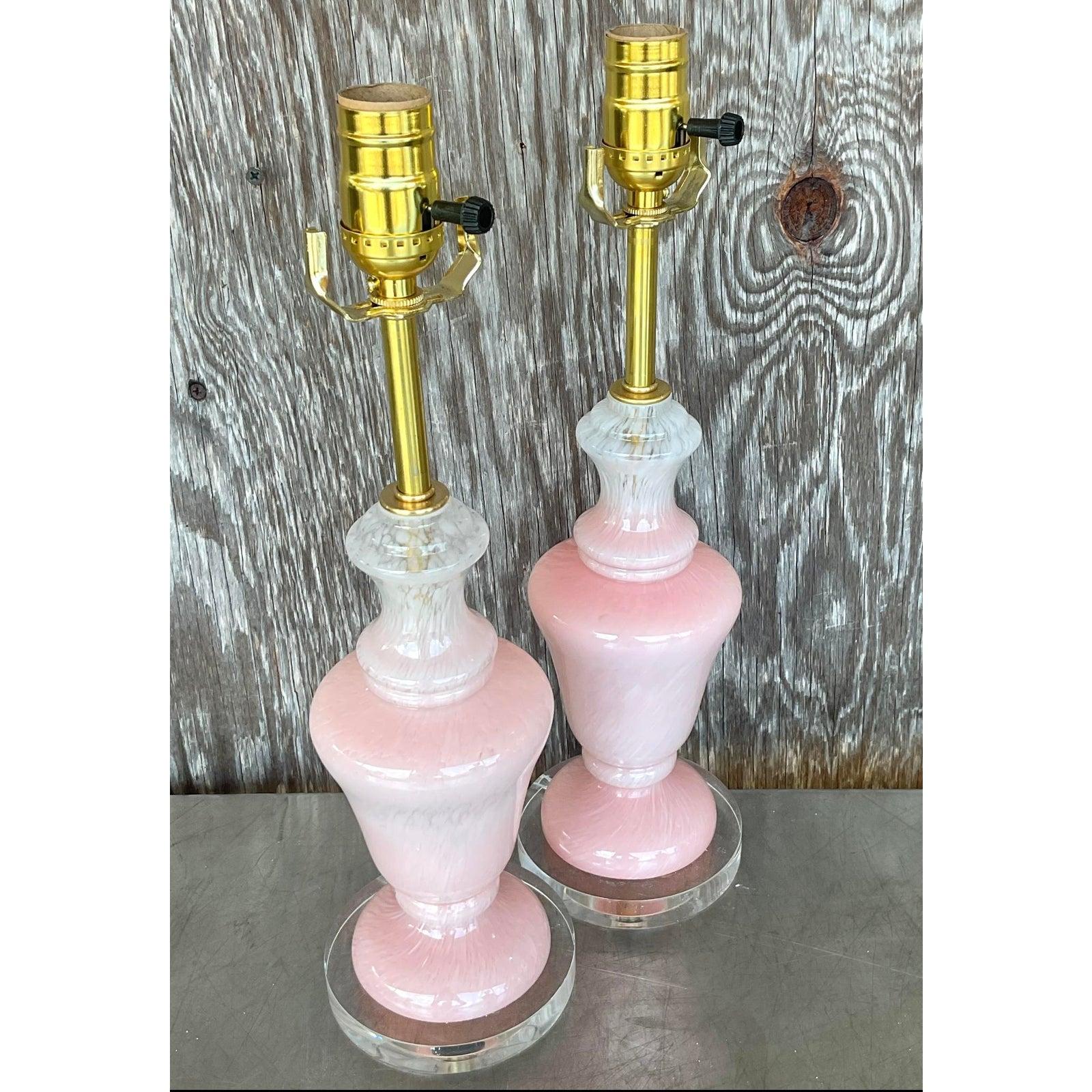Italian Vintage Regency Pink Glass Lamps After Murano - A Pair For Sale