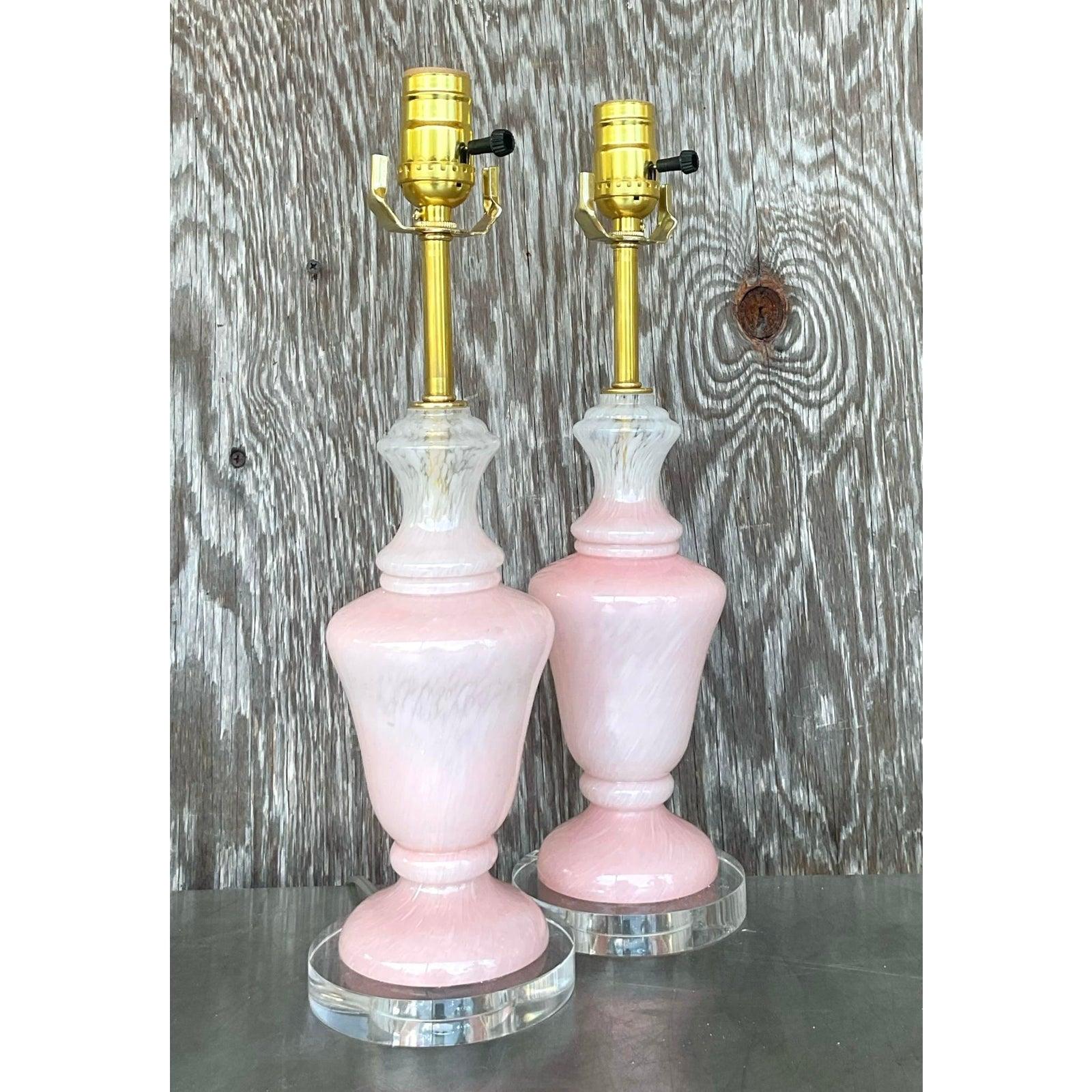 Vintage Regency Pink Glass Lamps After Murano - A Pair In Good Condition For Sale In west palm beach, FL