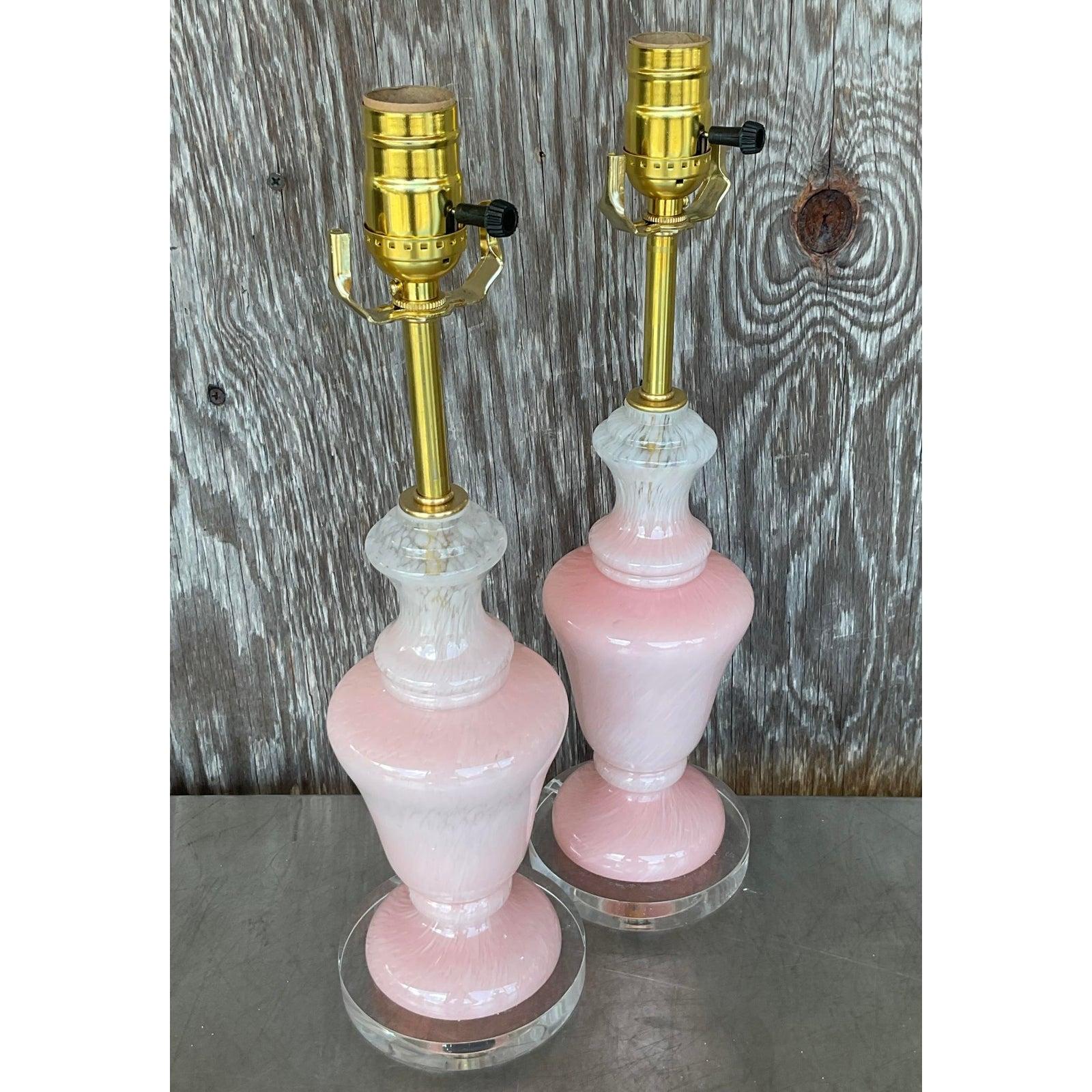20th Century Vintage Regency Pink Glass Lamps After Murano - A Pair For Sale