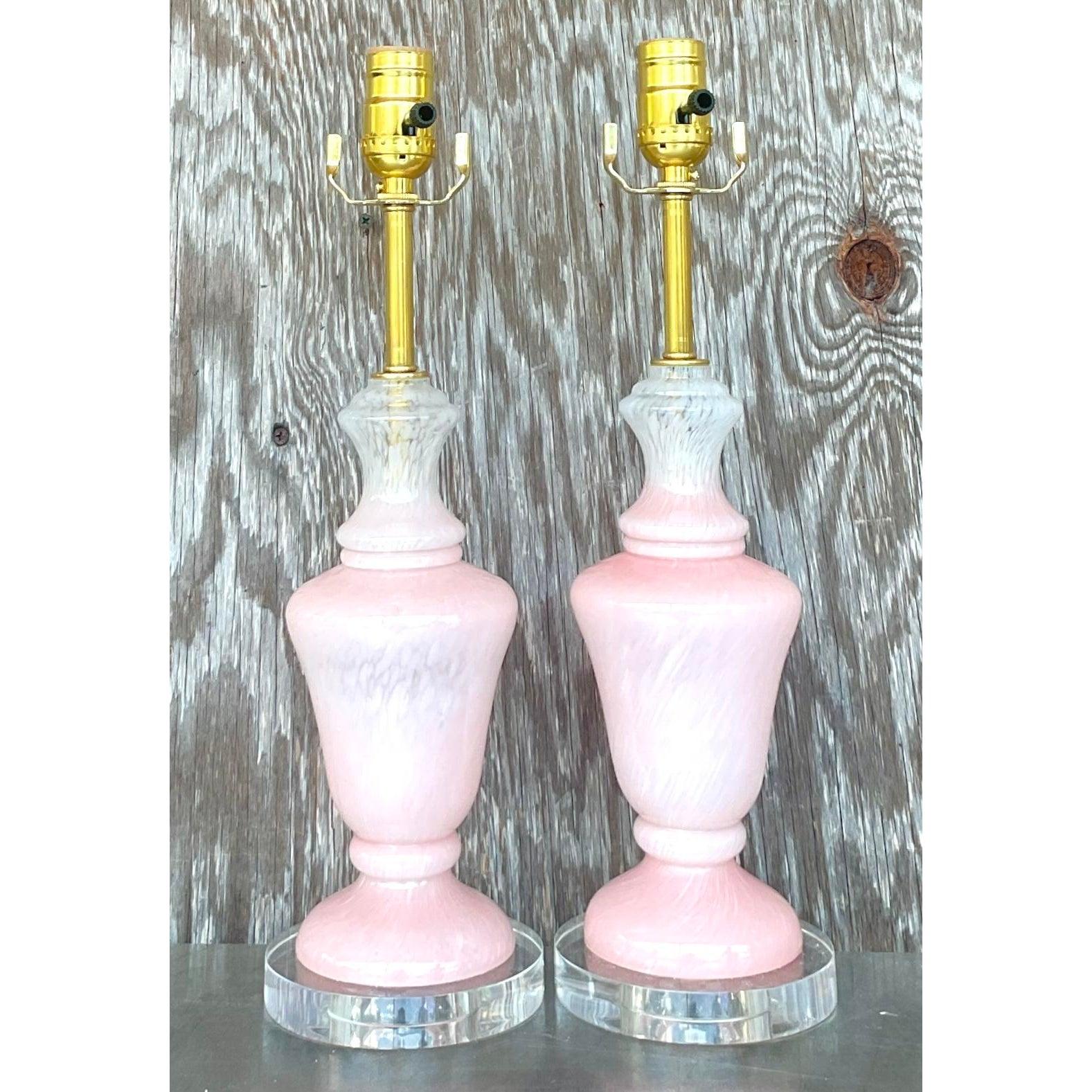 Murano Glass Vintage Regency Pink Glass Lamps After Murano - A Pair For Sale