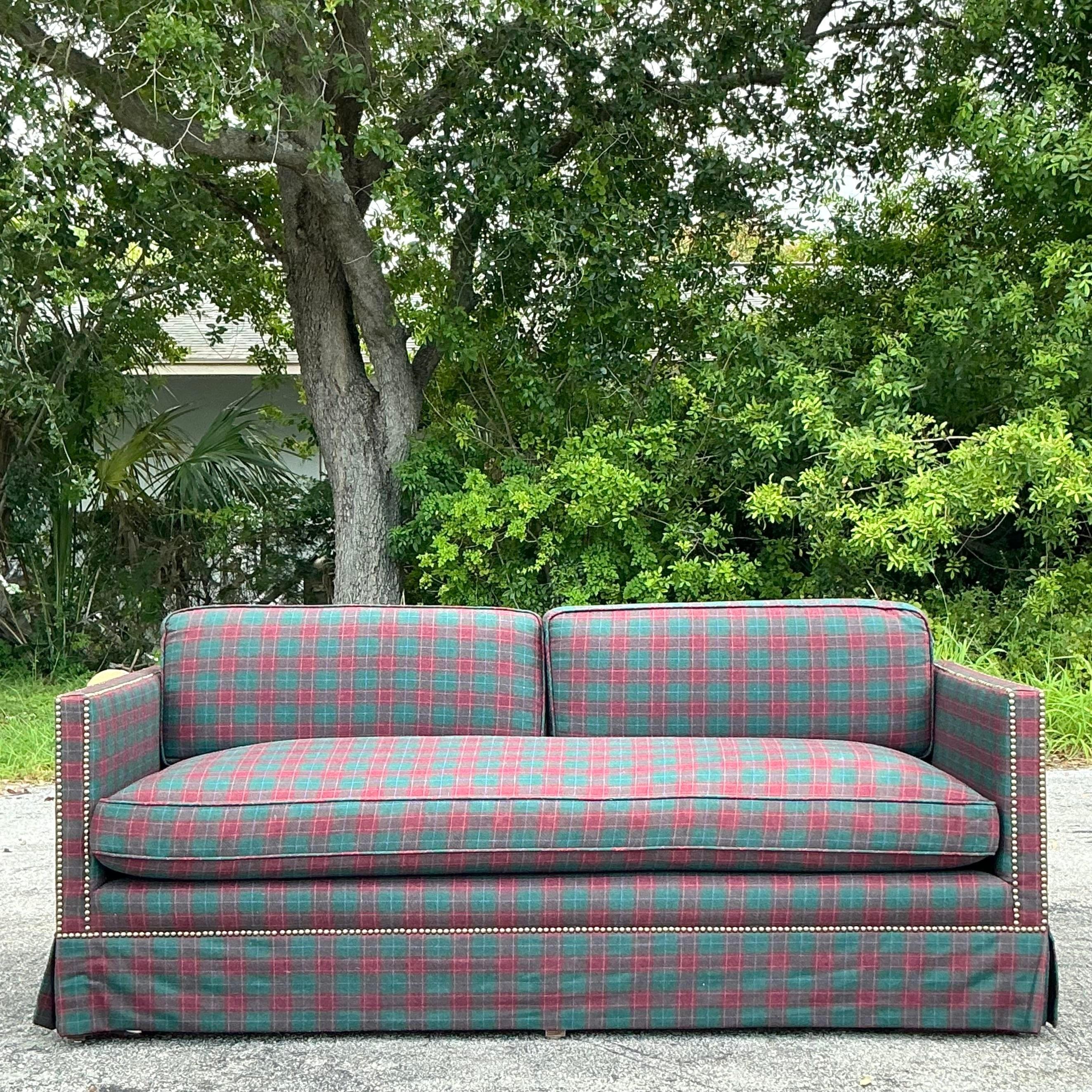 American Vintage Regency Plaid Nailhead Sofa