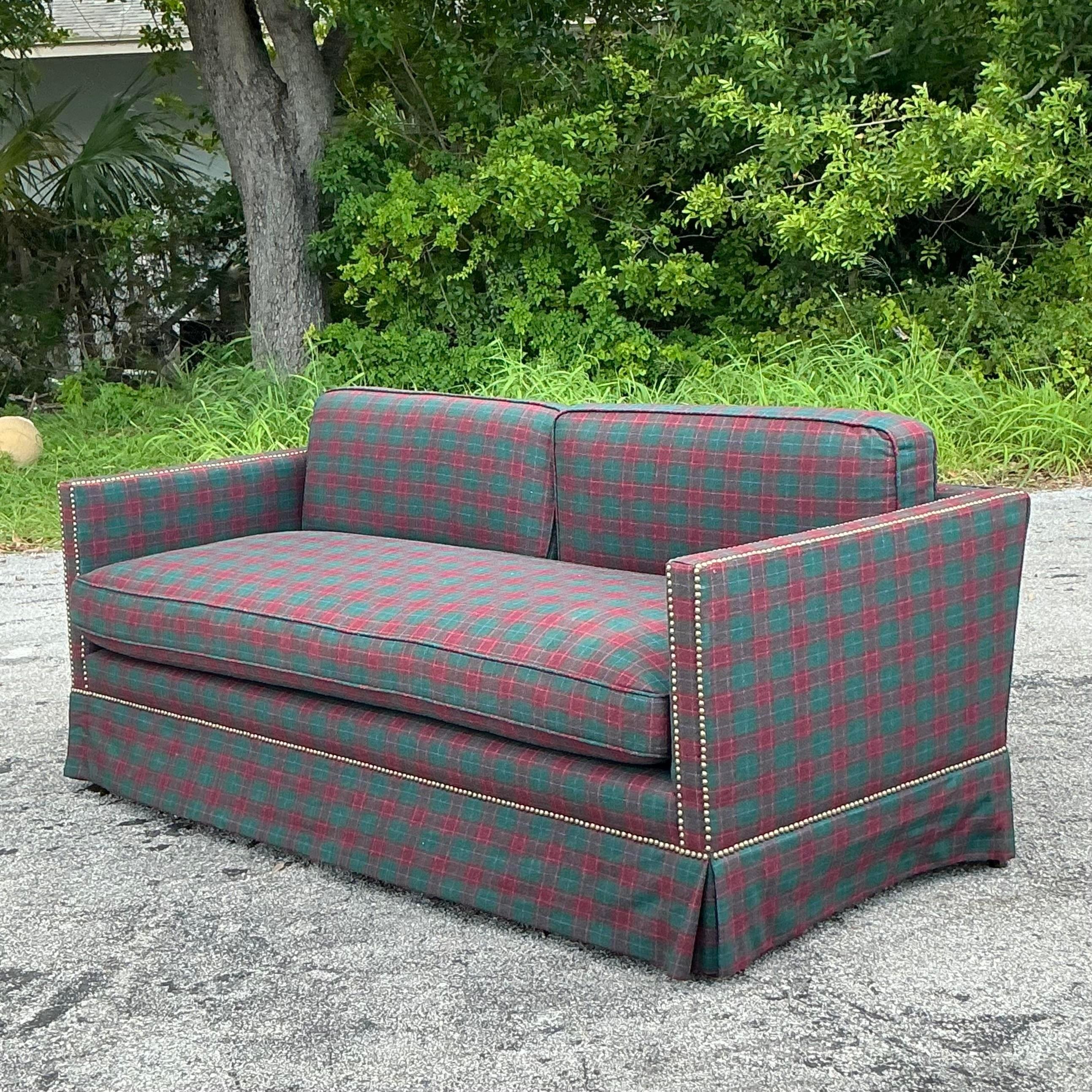 Vintage Regency Plaid Nailhead Sofa In Good Condition In West Palm Beach, FL