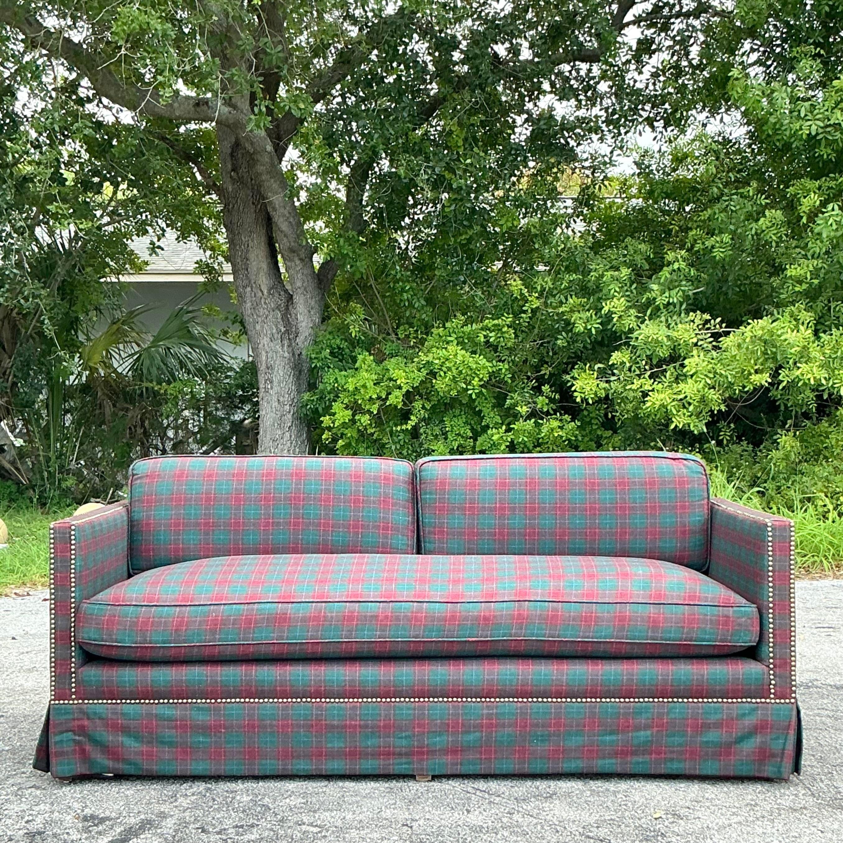 20th Century Vintage Regency Plaid Nailhead Sofa