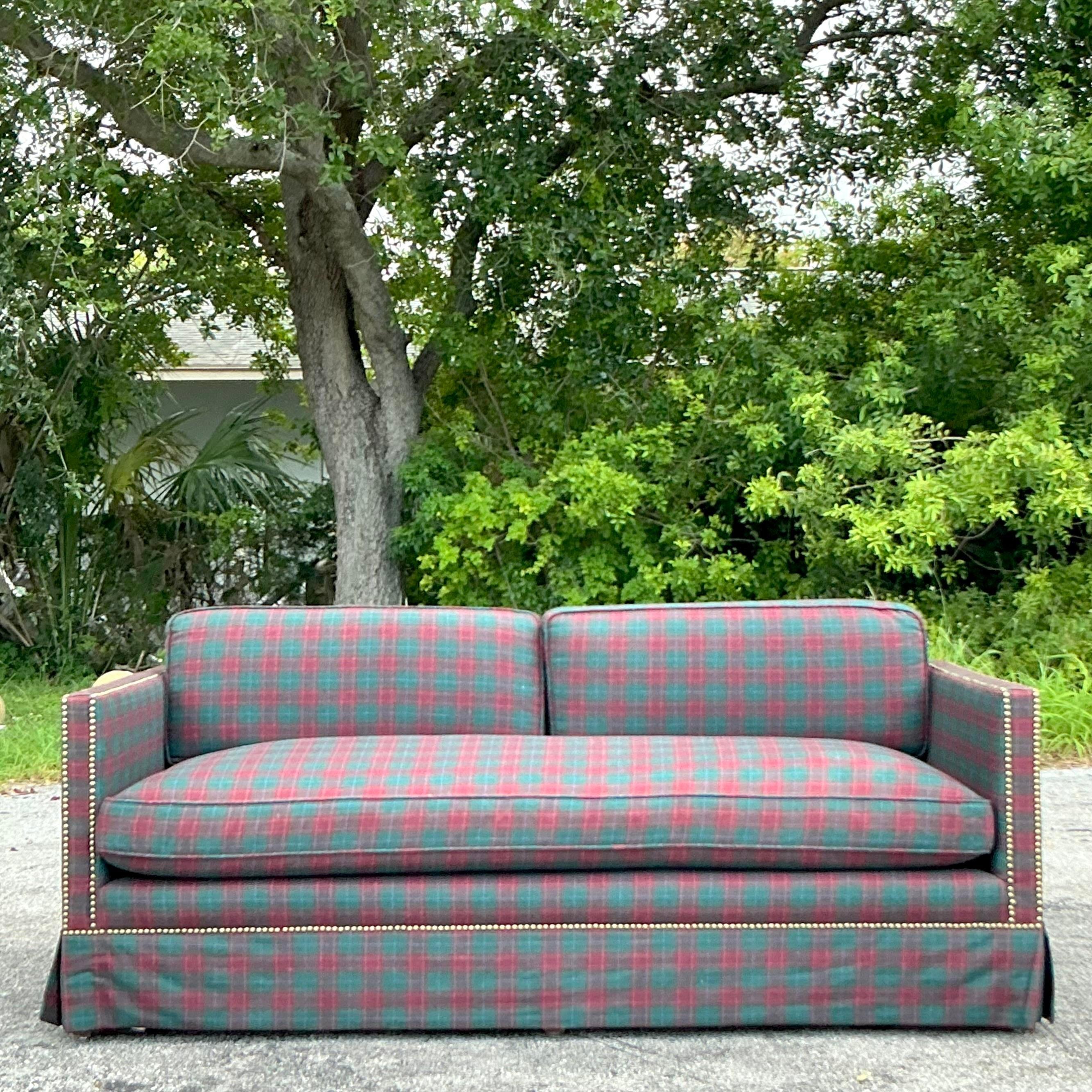 Metal Vintage Regency Plaid Nailhead Sofa