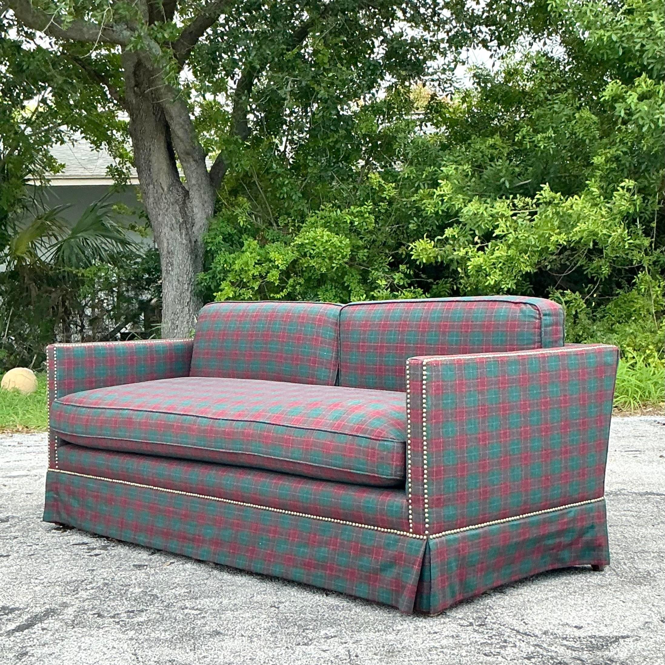 Vintage Regency Plaid Nailhead Sofa 1