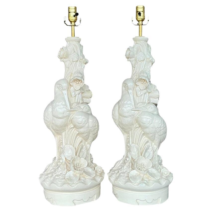 Vintage Regency Plaster Bird Lamps - a Pair