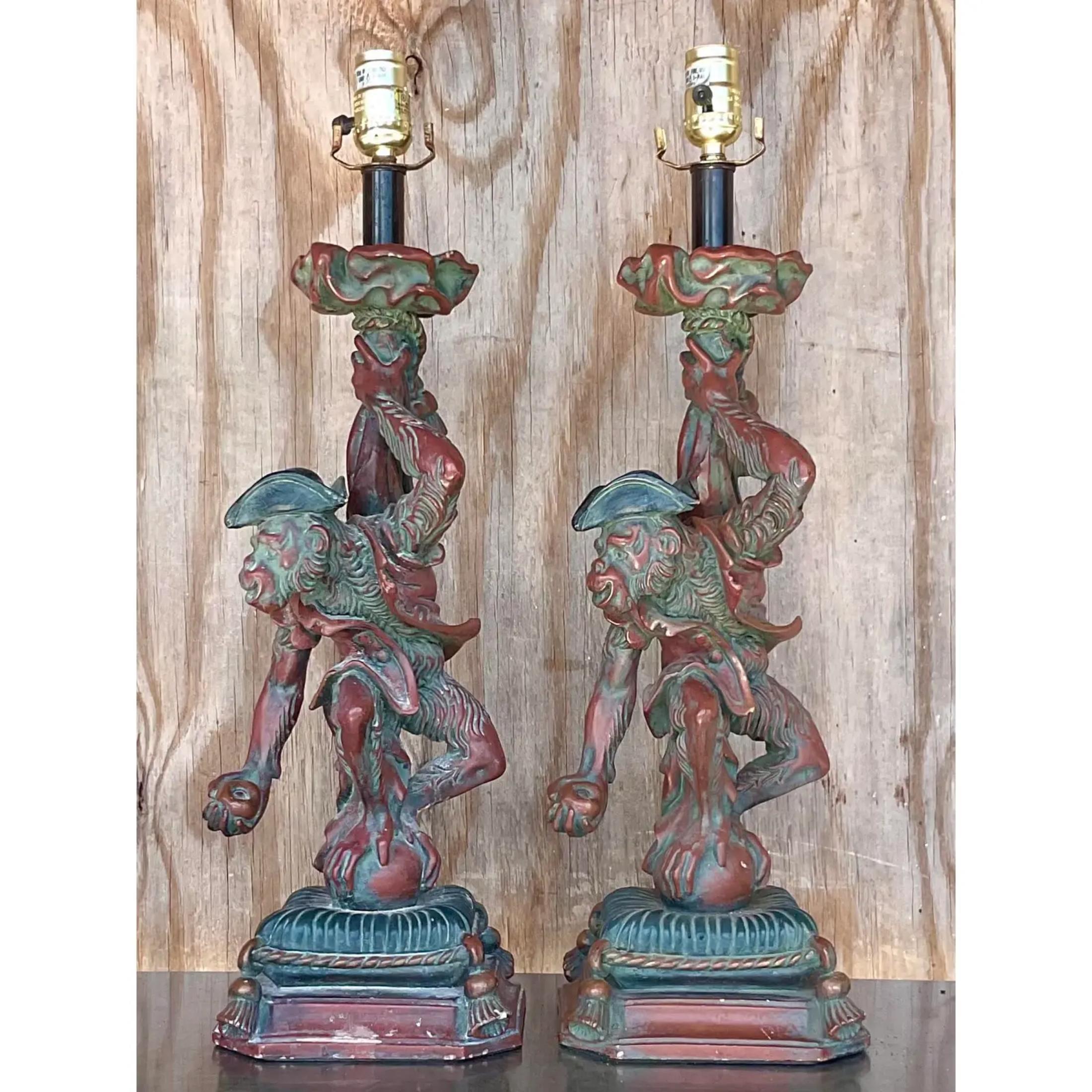 Vintage Regency Plaster Monkey Lamps - a Pair In Good Condition For Sale In west palm beach, FL