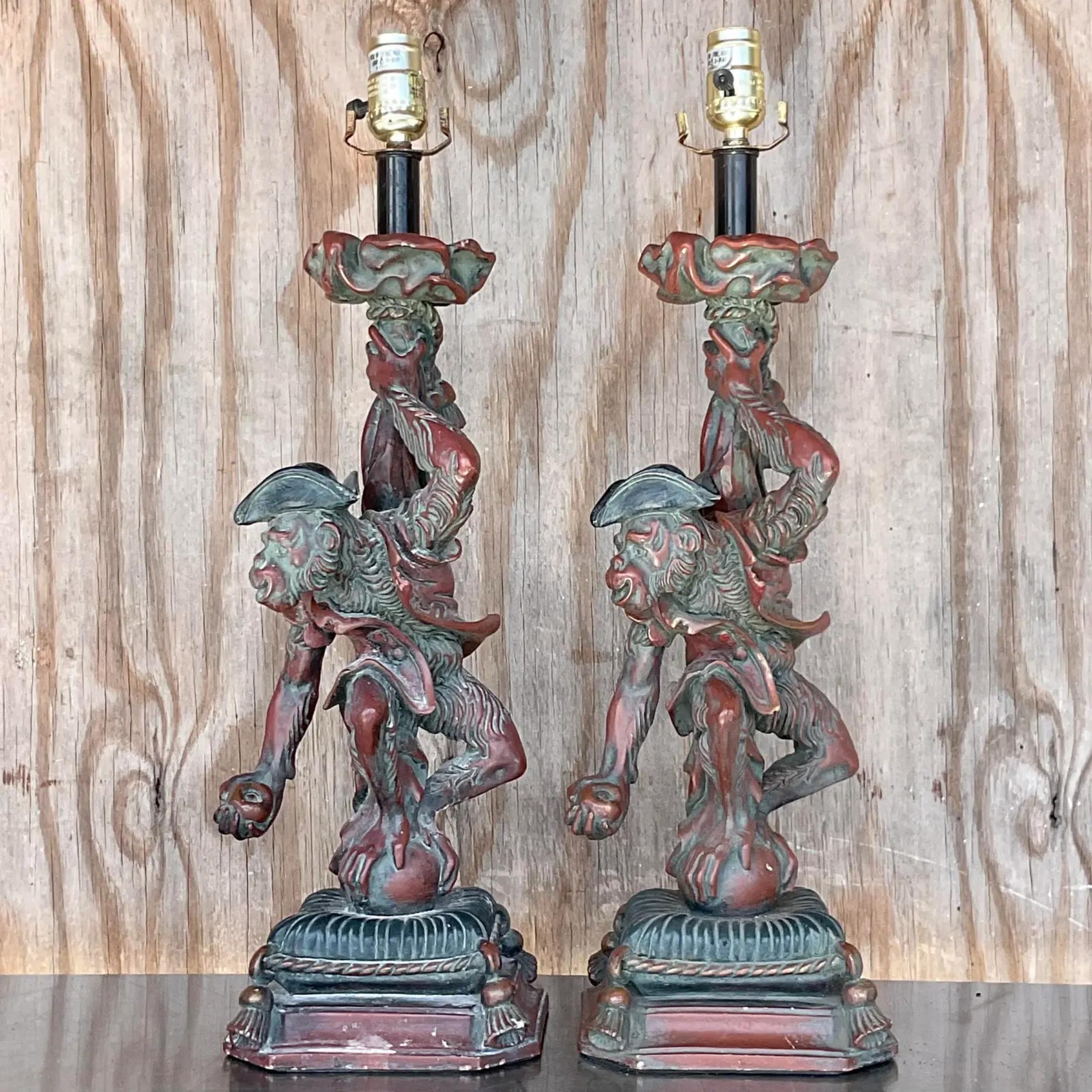 20th Century Vintage Regency Plaster Monkey Lamps - a Pair For Sale