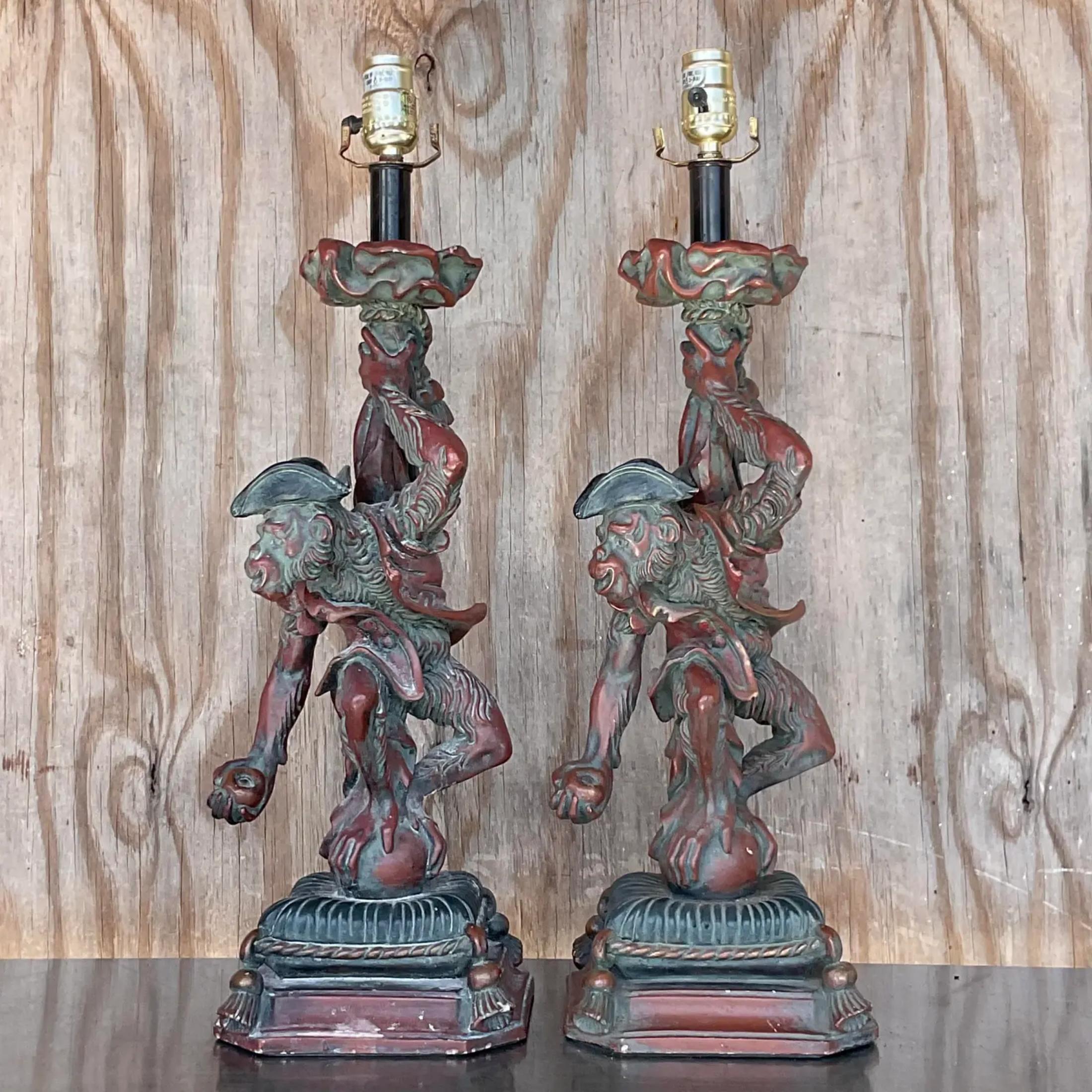 Vintage Regency Plaster Monkey Lamps - a Pair For Sale 2