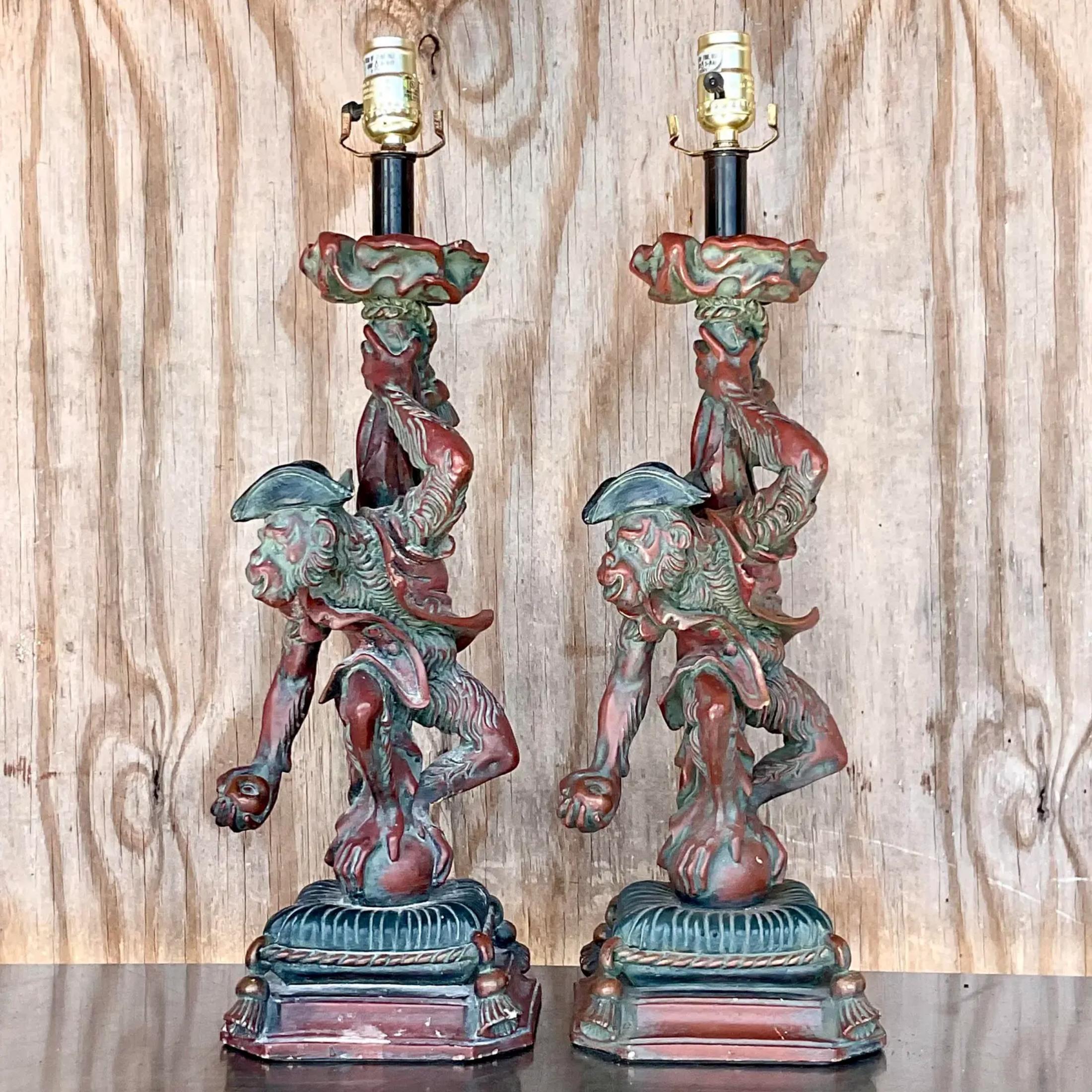 Vintage Regency Plaster Monkey Lamps - a Pair For Sale 4
