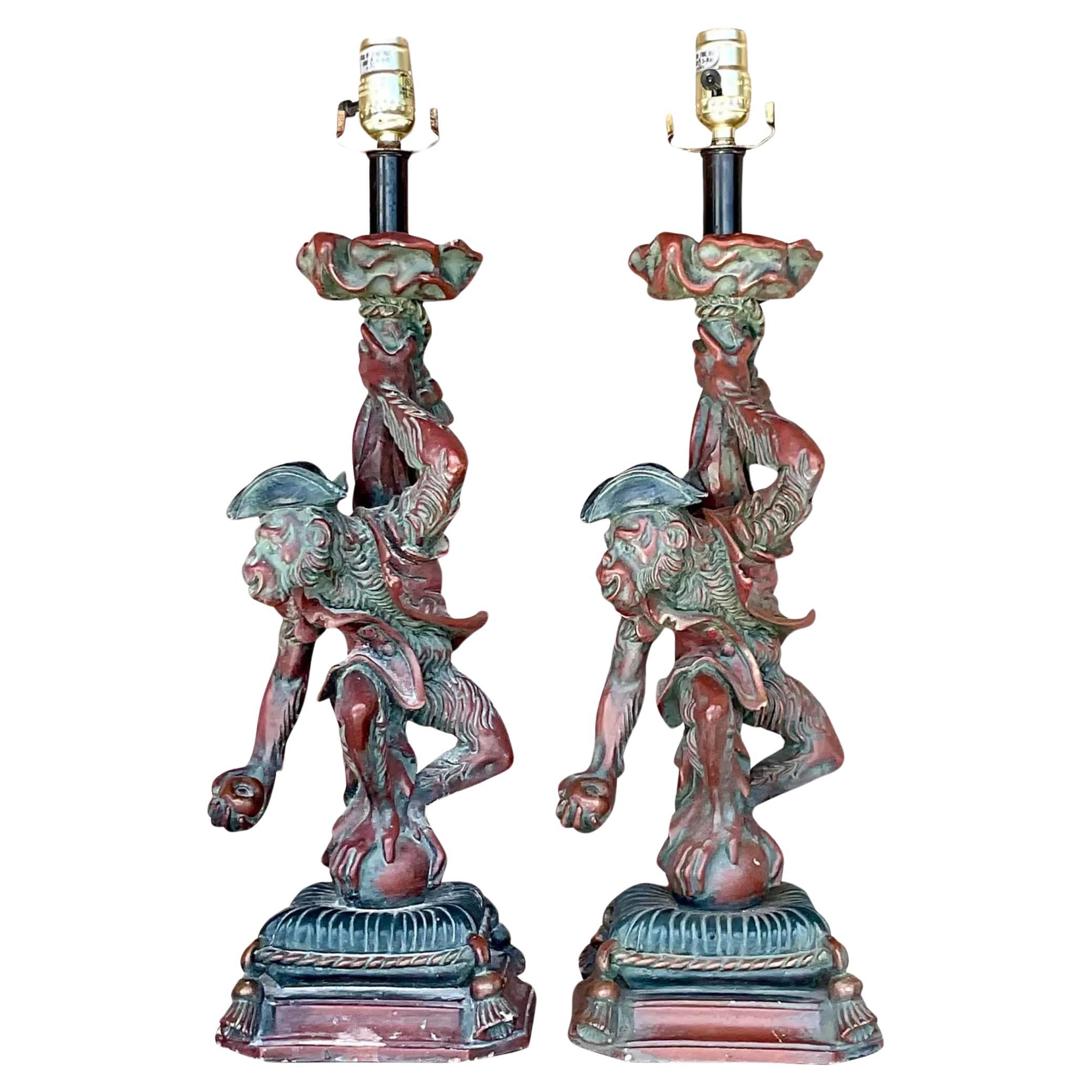 Vintage Regency Plaster Monkey Lamps - a Pair For Sale