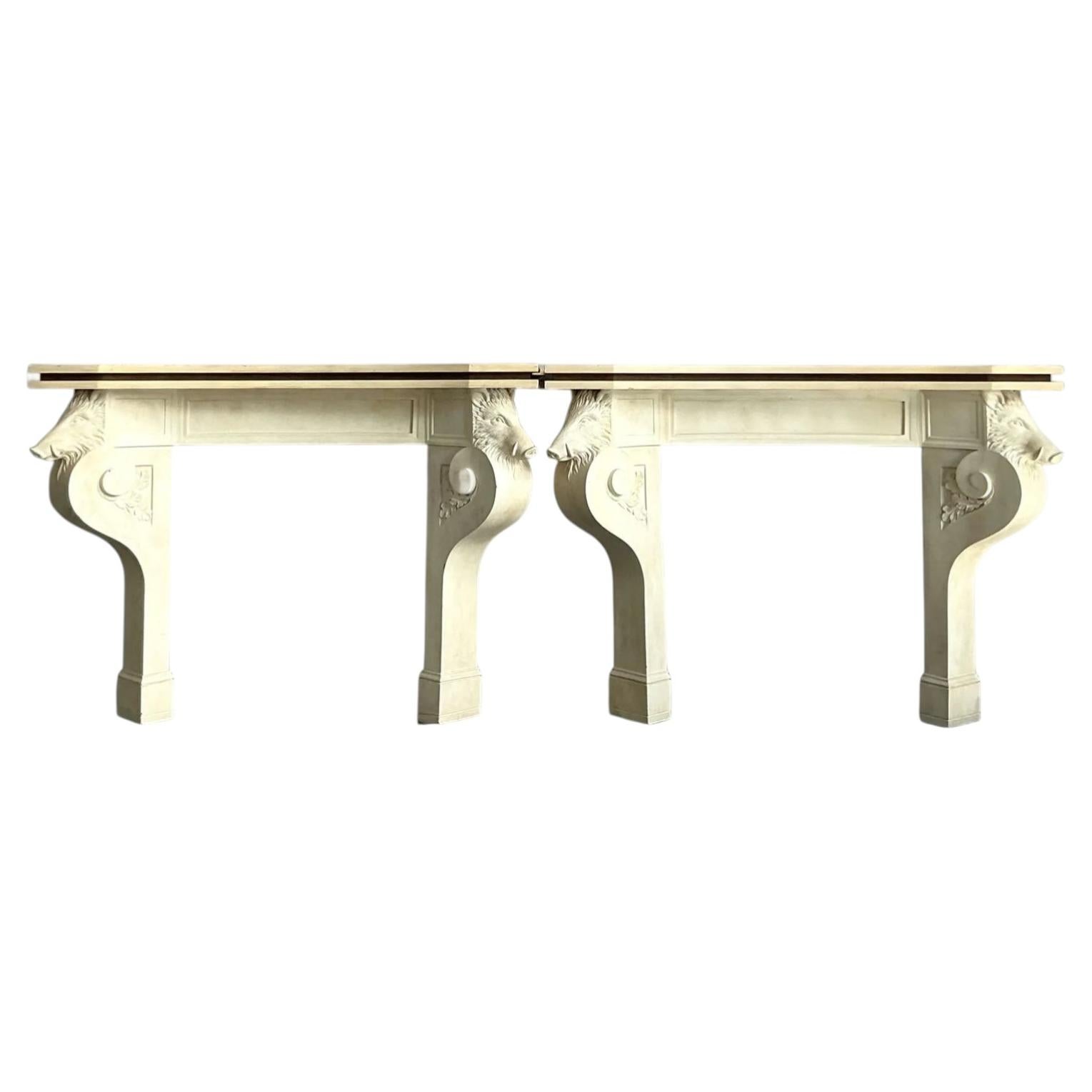 Vintage Regency Plaster Over Wood Boar Console Table - A Pair For Sale