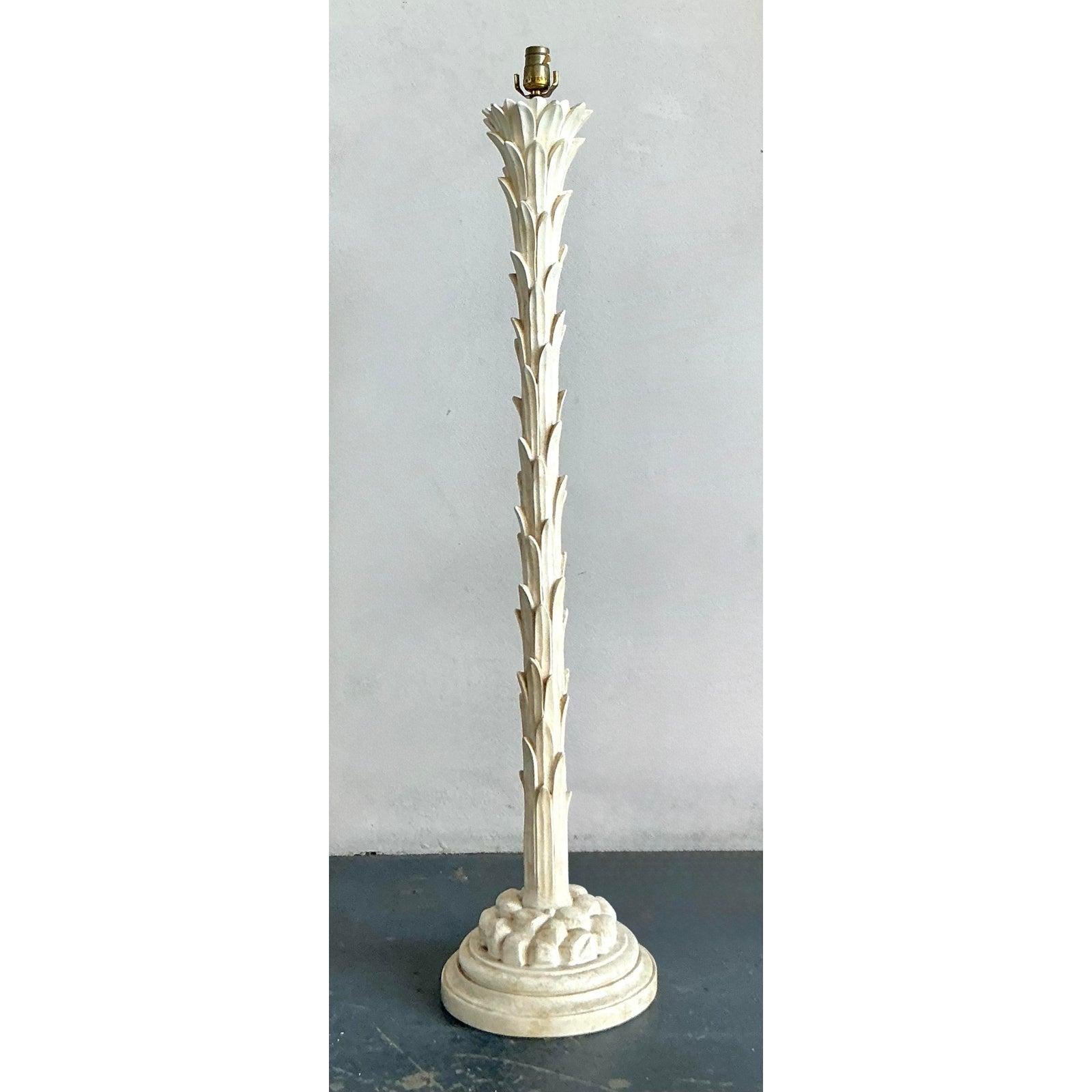 Elevate your interior with this magnificent vintage Hollywood Regency plaster palm tree floor lamp, reminiscent of iconic designs by Chapman. Crafted with exquisite detail, its sculptural form evokes the elegant sway of a palm, bringing a touch of