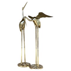 Vintage Regency Polished Brass Cranes, Set of Two