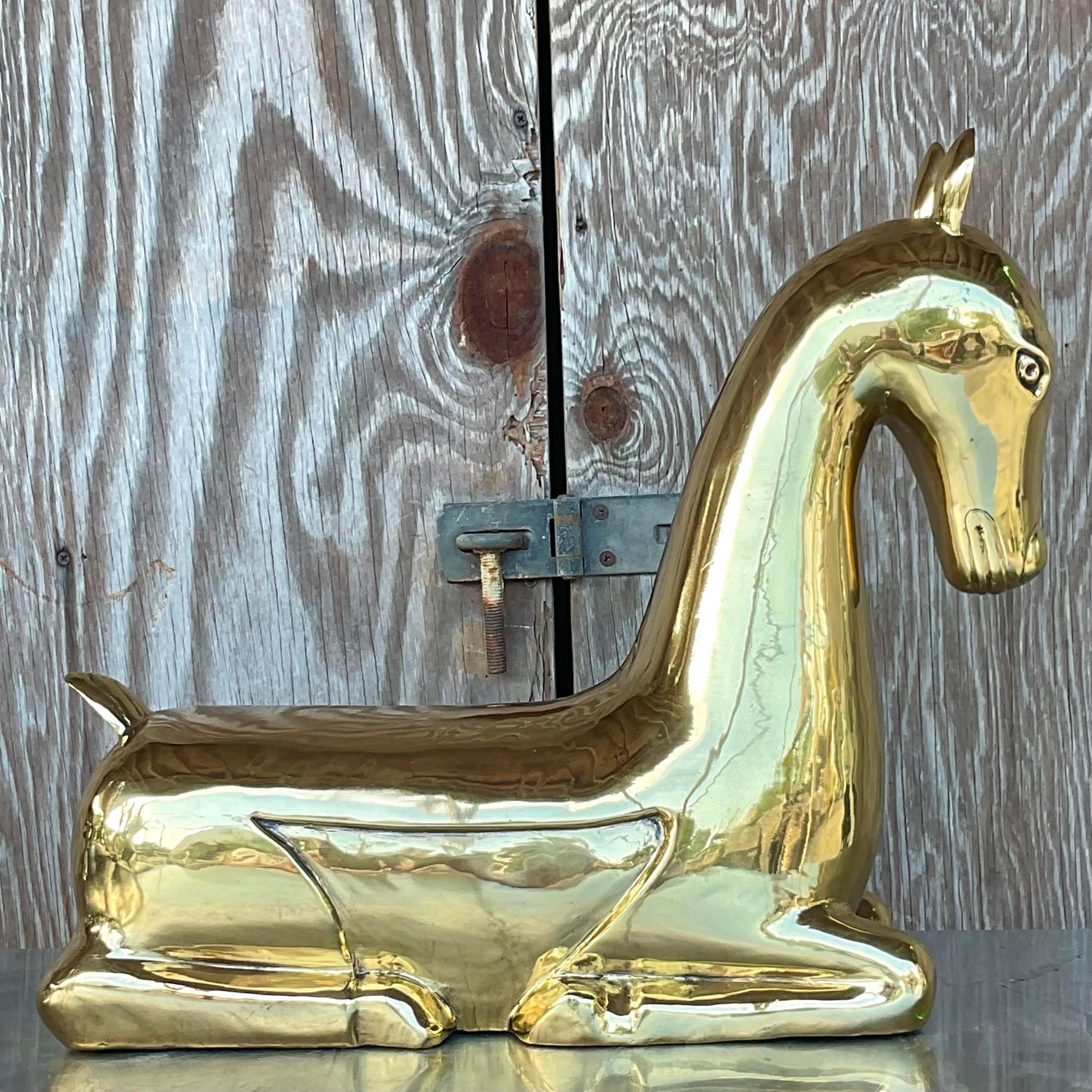 Philippine Vintage Regency Polished Brass Horse After Maitland Smith For Sale