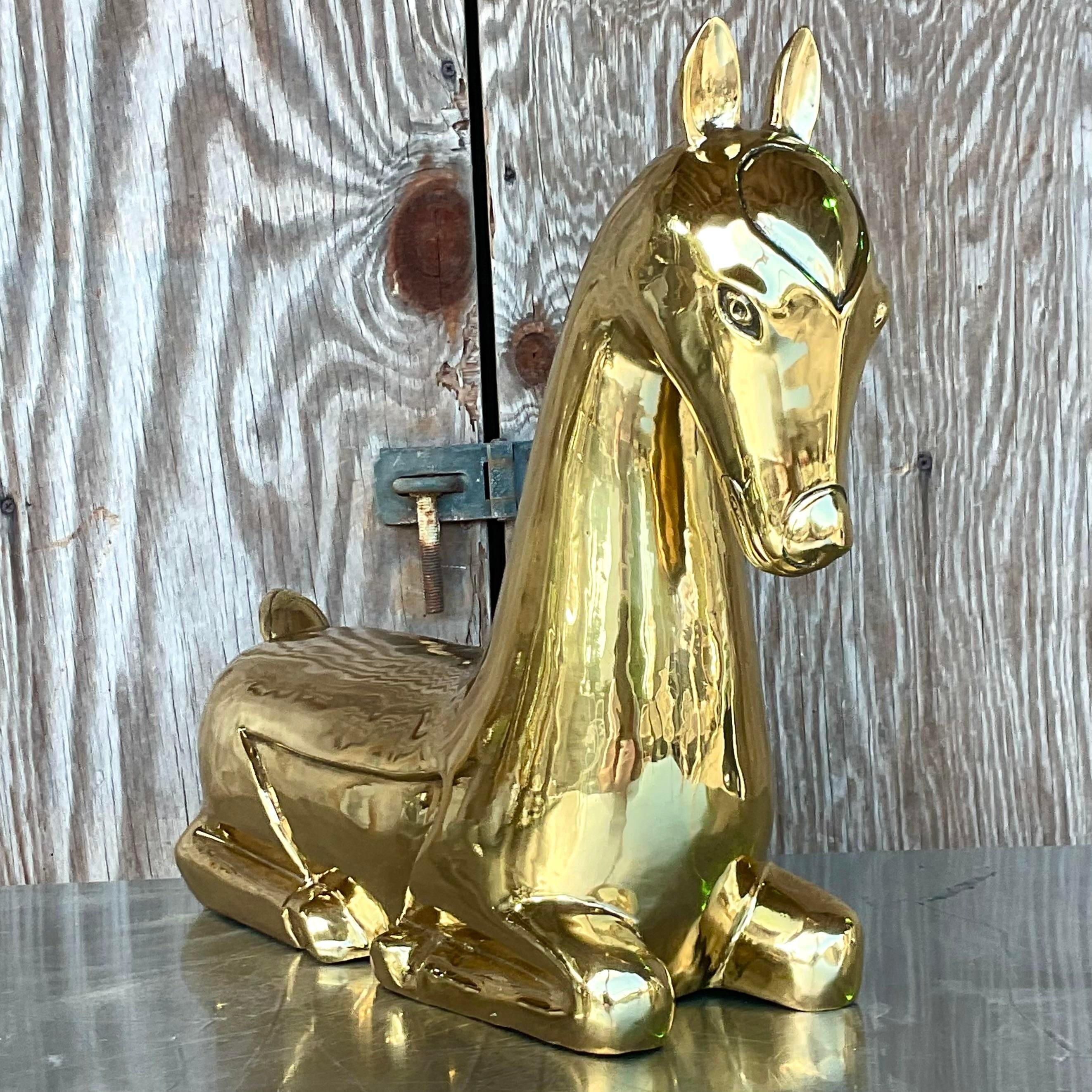 Vintage Regency Polished Brass Horse After Maitland Smith In Good Condition For Sale In west palm beach, FL
