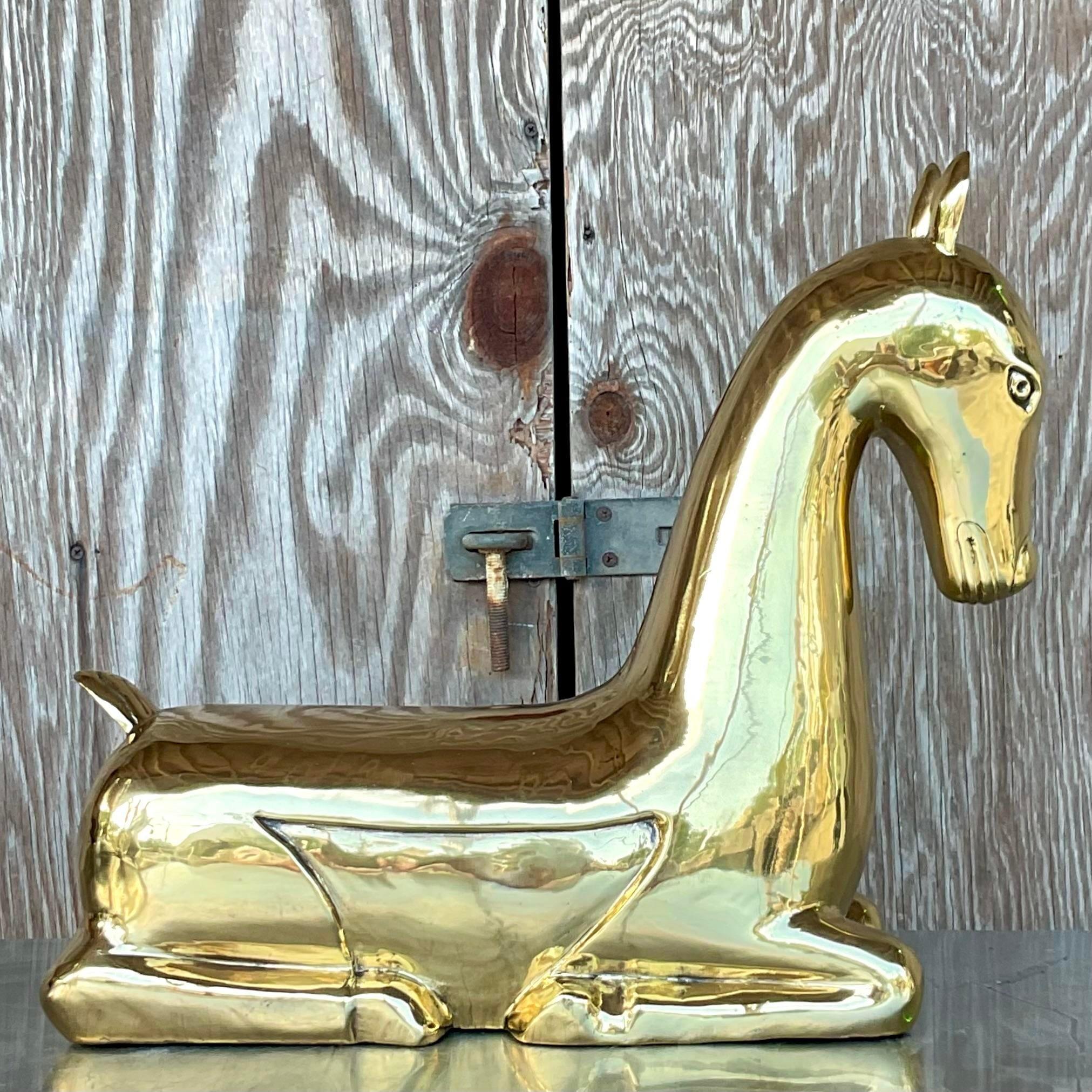 20th Century Vintage Regency Polished Brass Horse After Maitland Smith For Sale