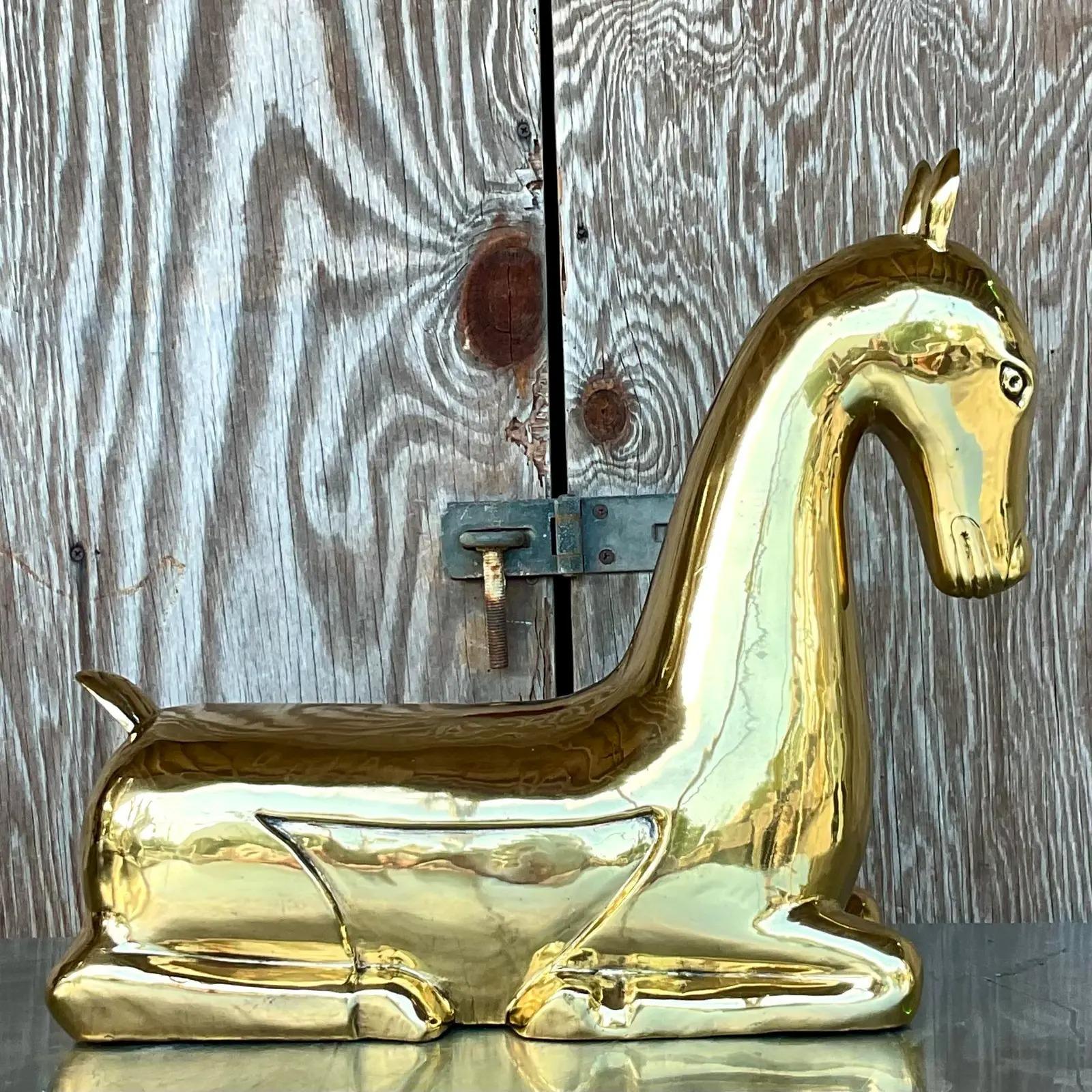 20th Century Vintage Regency Polished Brass Horse After Maitland Smith
