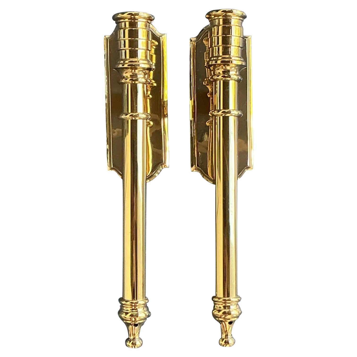 Vintage Regency Polished Brass Hurricane Candle Sconces