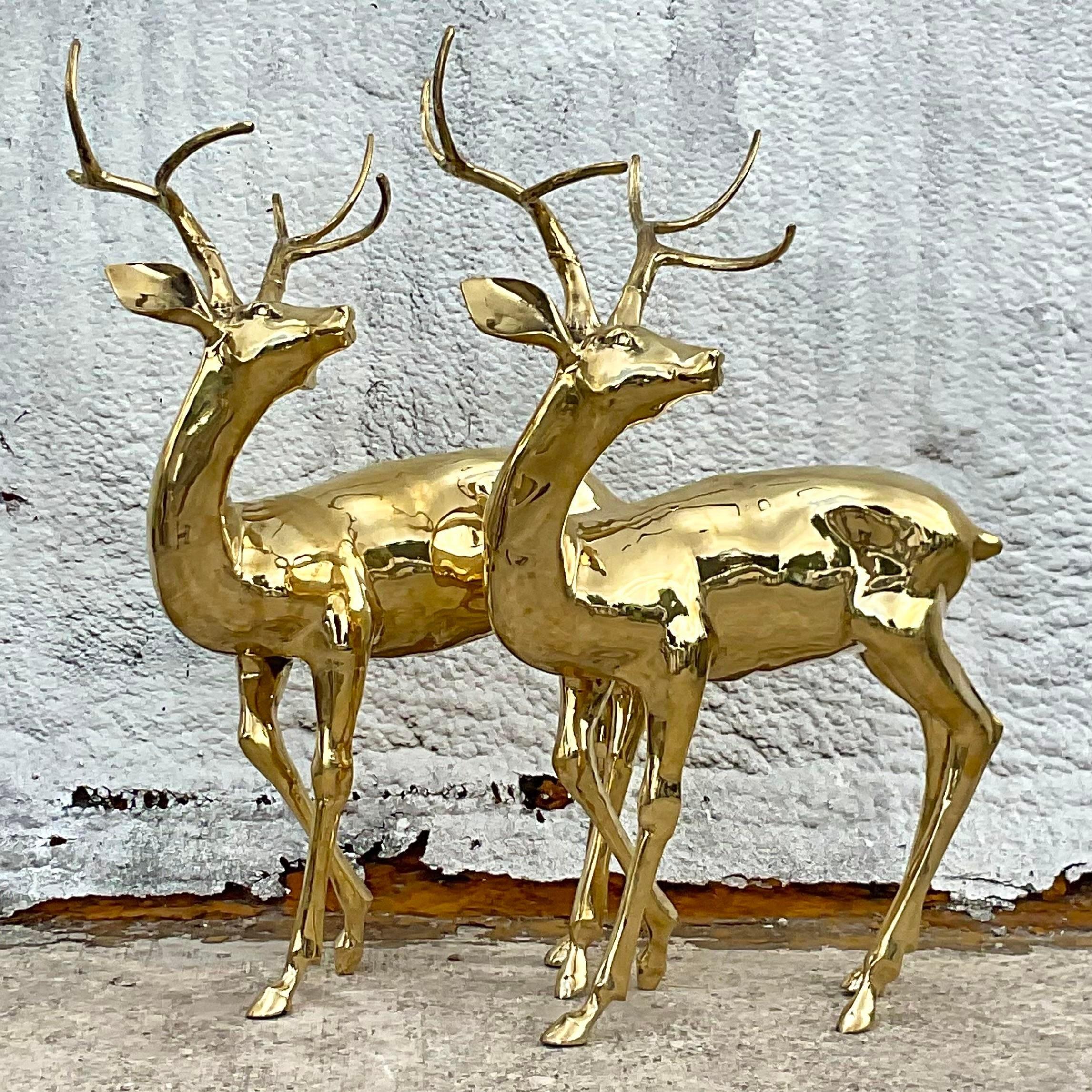 Vintage Regency Polished Brass Life Size Deer, a Pair In Good Condition In west palm beach, FL