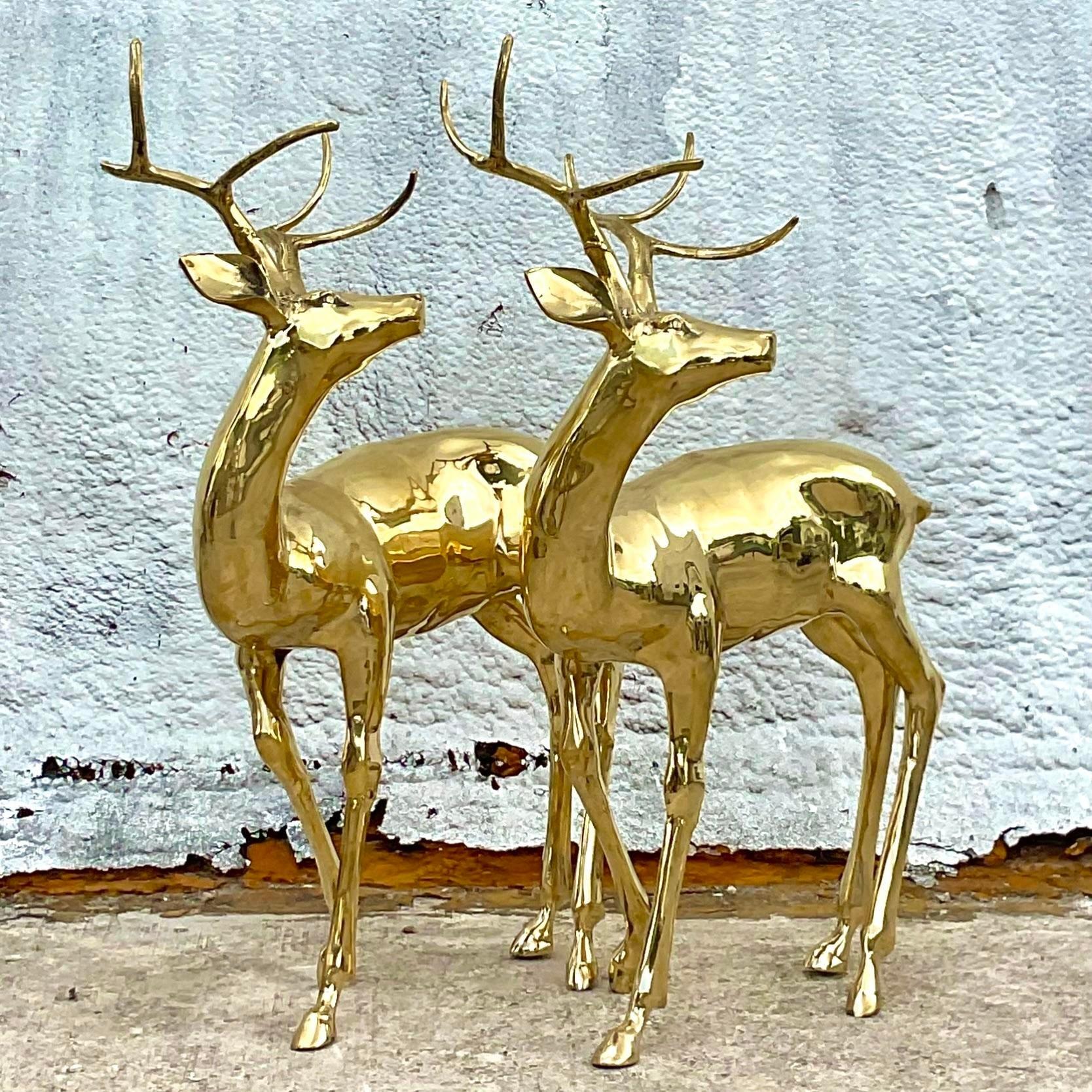 20th Century Vintage Regency Polished Brass Life Size Deer, a Pair
