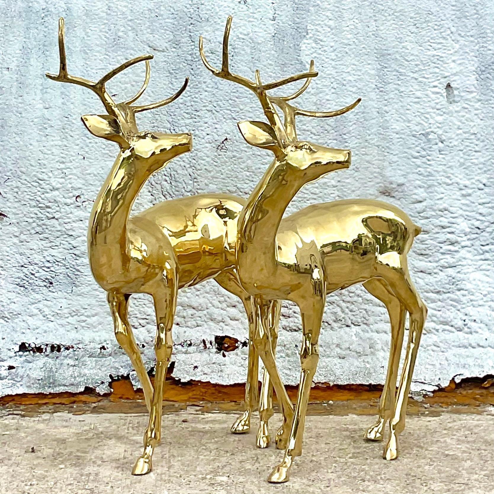 Vintage Regency Polished Brass Life Size Deer, a Pair 1