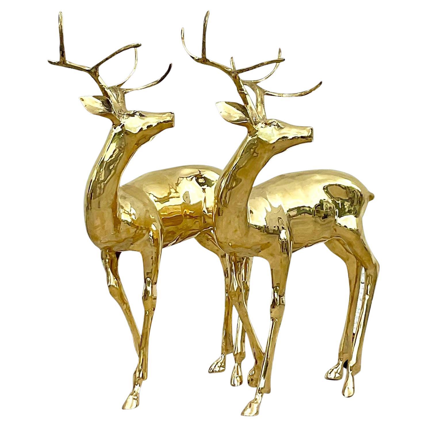 Vintage Regency Polished Brass Life Size Deer, a Pair