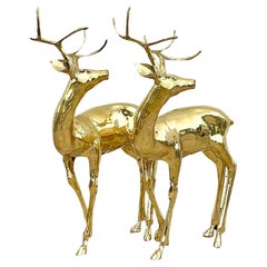 Vintage Regency Polished Brass Life Size Deer, a Pair
