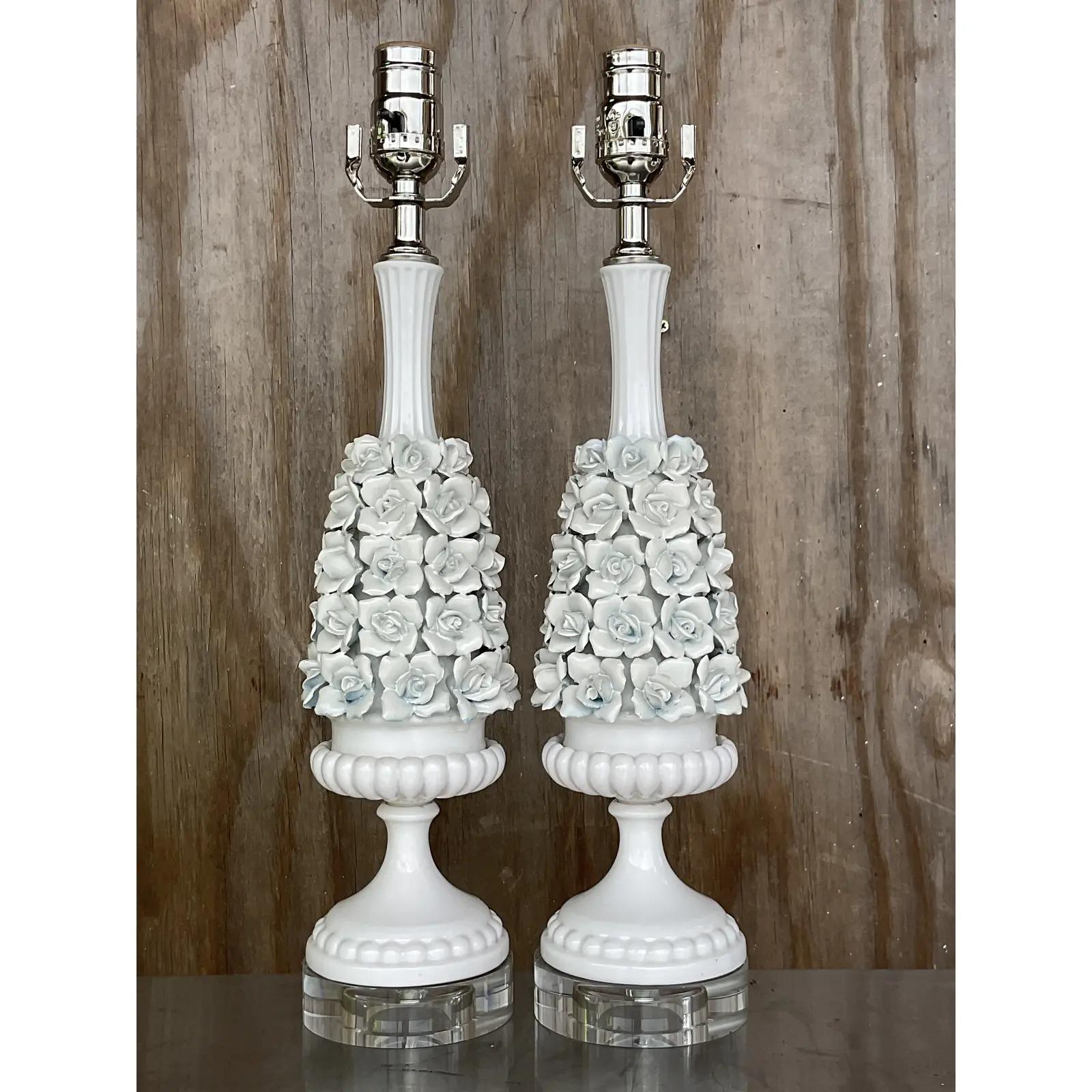 North American Vintage Regency Porcelain Roses Lamps, a Pair